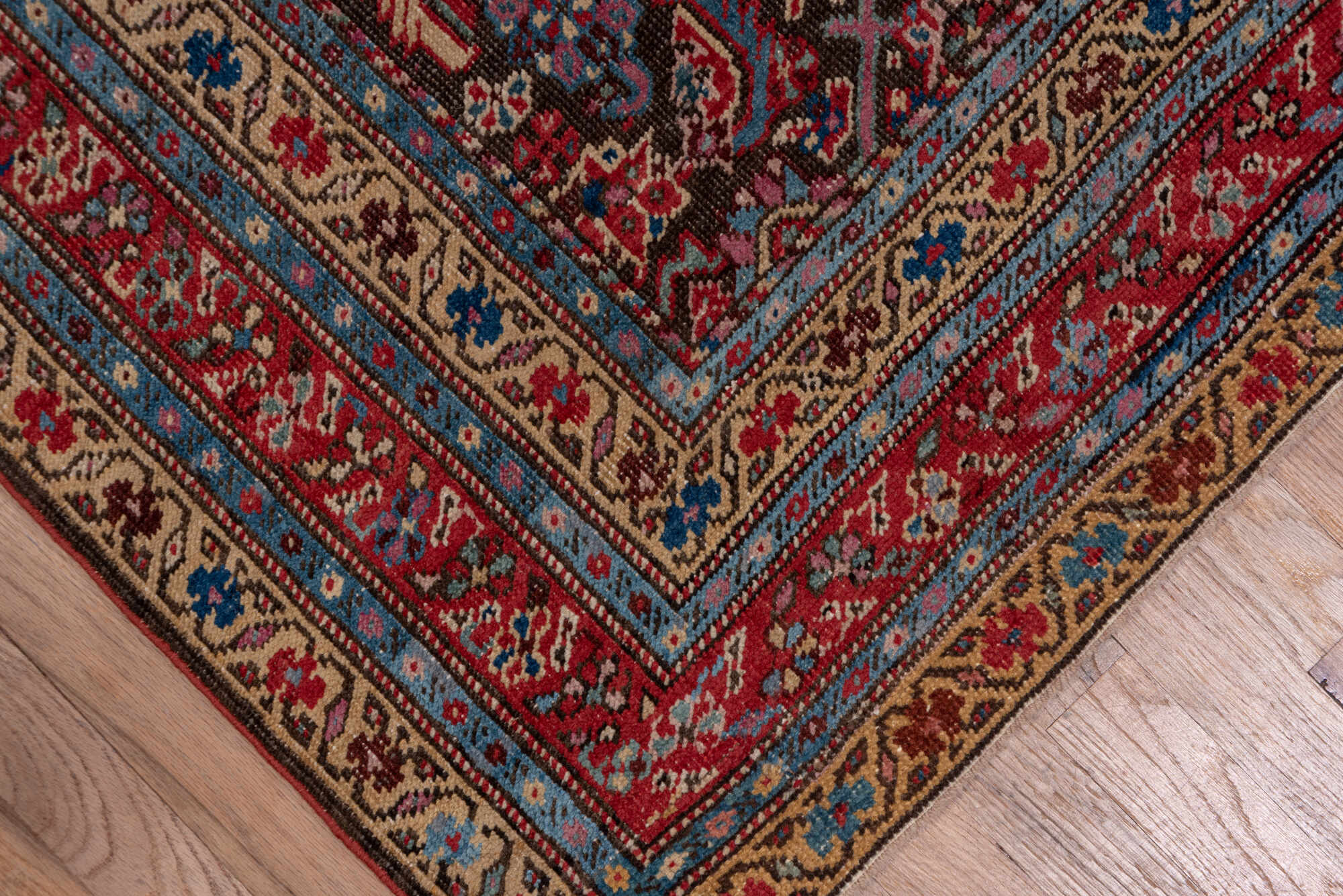 3' x 17' one-of-a-kind handmade vintage Karabagh runner rug. Color palette: black, blue, brown, gray, pink, red