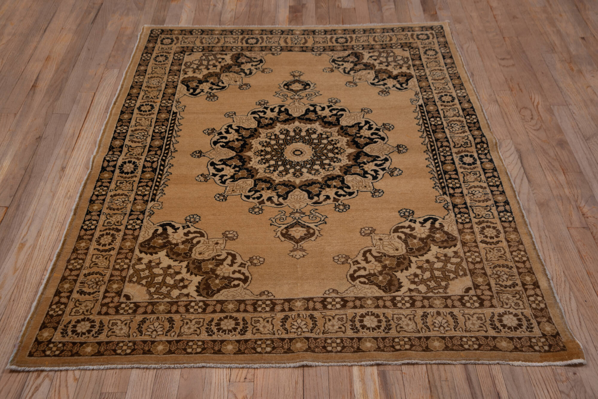 4' x 6' one-of-a-kind handmade vintage Tabriz small size rug. Color palette: black, brown, gray, light gray, off-white, pink