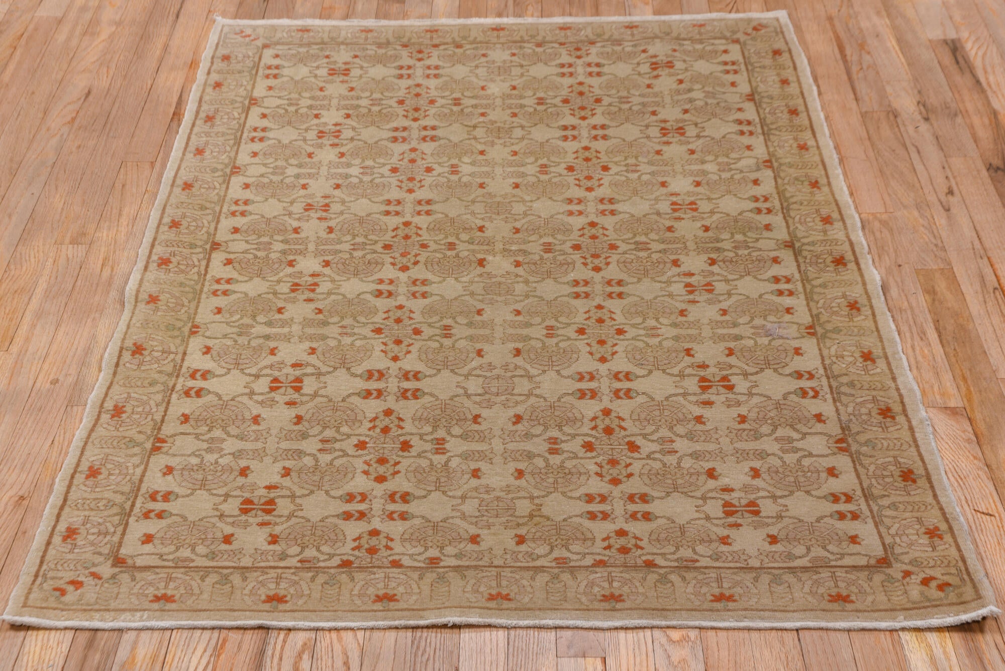 4' x 5' one-of-a-kind handmade vintage Hereke small size rug. Color palette: brown, gray, light gray, off-white, pink