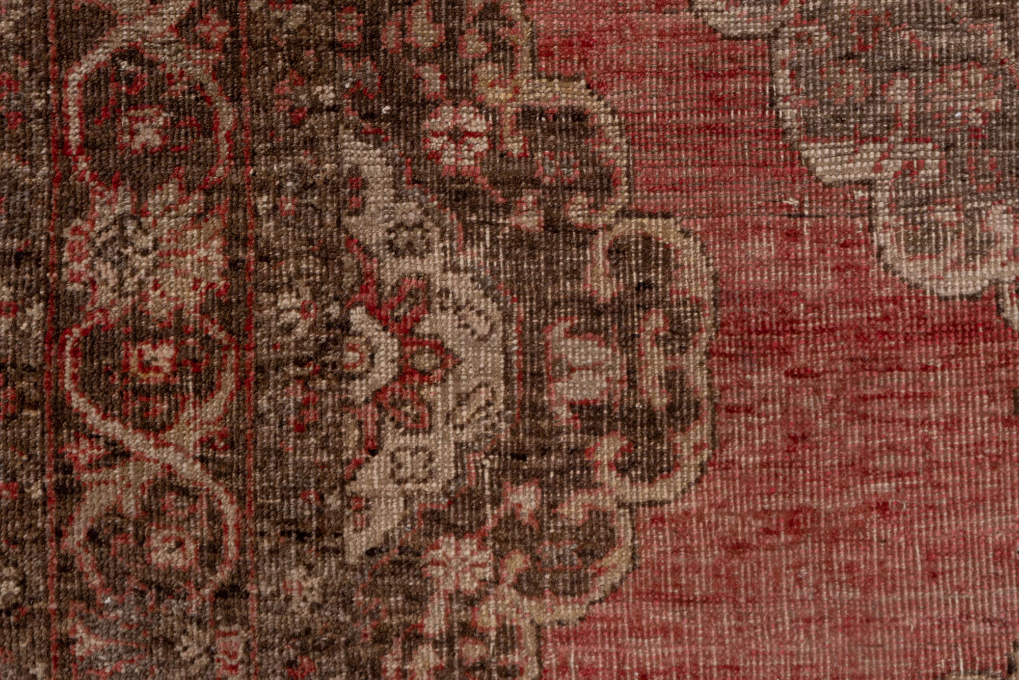 4' x 13' one-of-a-kind handmade vintage Oushak runner rug. Color palette: brown, gray, off-white, pink, red, snow, white