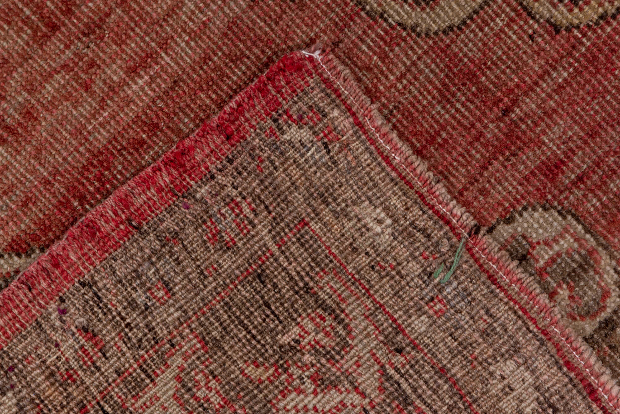 4' x 13' one-of-a-kind handmade vintage Oushak runner rug. Color palette: brown, gray, off-white, pink, red, snow, white