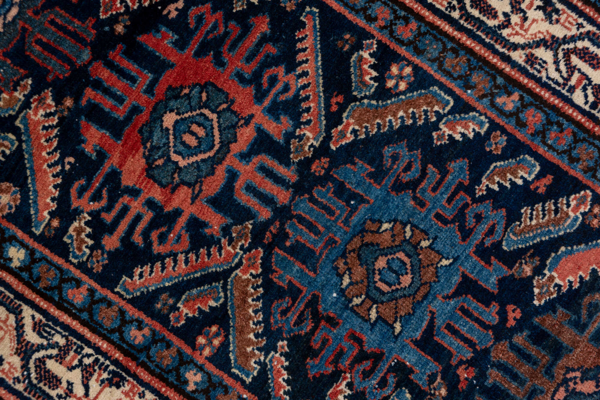 2' x 16' one-of-a-kind handmade vintage Malayer runner rug. Color palette: blue, brown, gray, off-white, pink, red, redwood