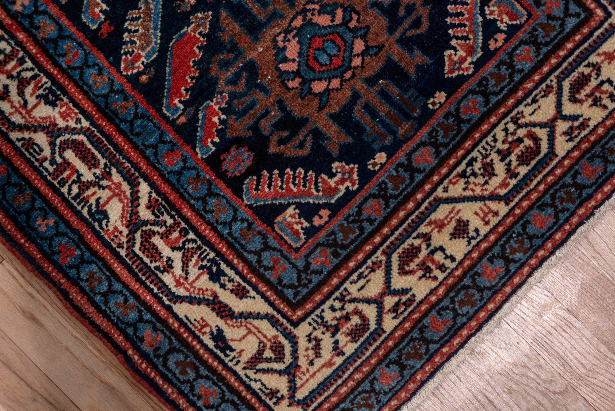 2' x 16' one-of-a-kind handmade vintage Malayer runner rug. Color palette: blue, brown, gray, off-white, pink, red, redwood