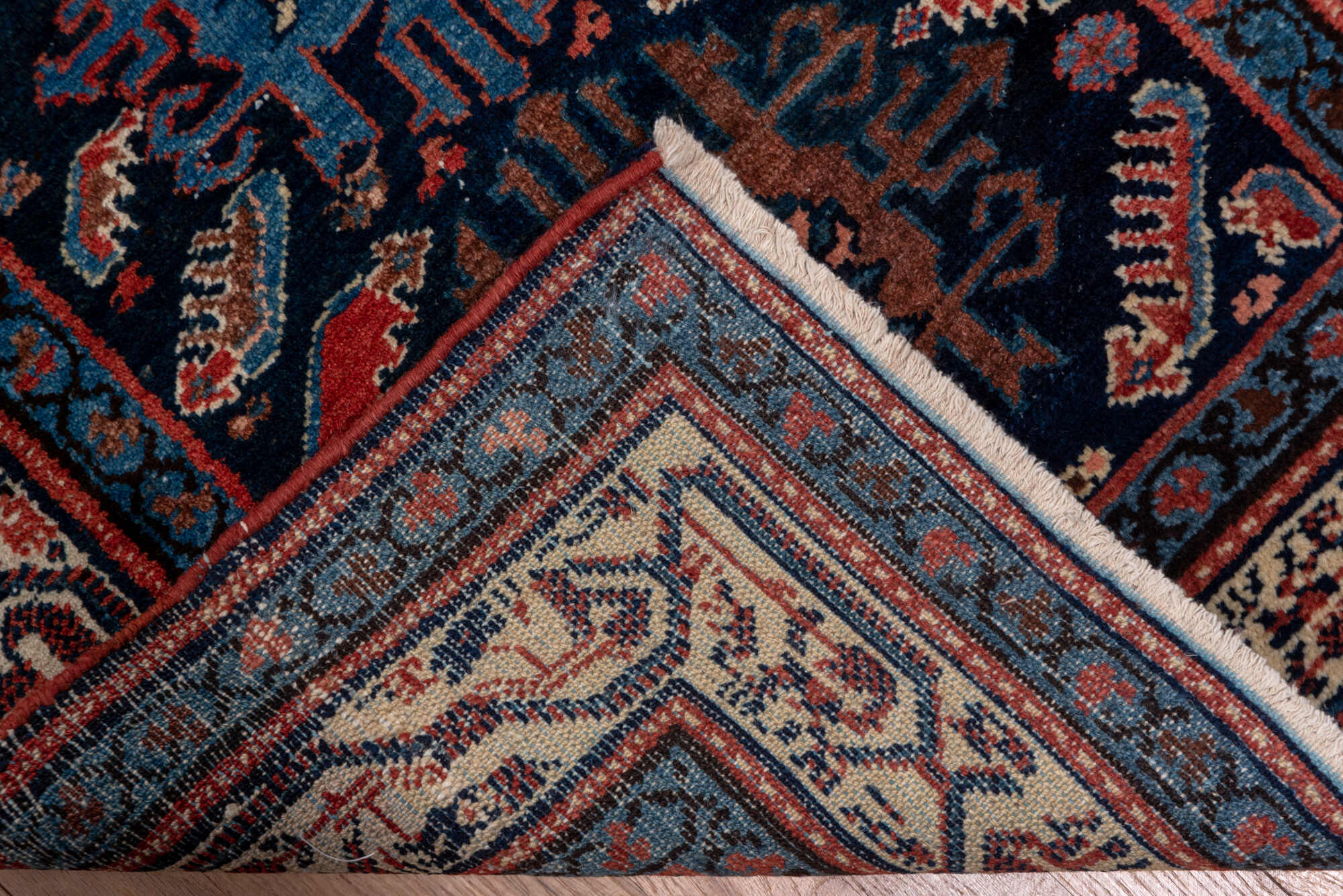 2' x 16' one-of-a-kind handmade vintage Malayer runner rug. Color palette: blue, brown, gray, off-white, pink, red, redwood
