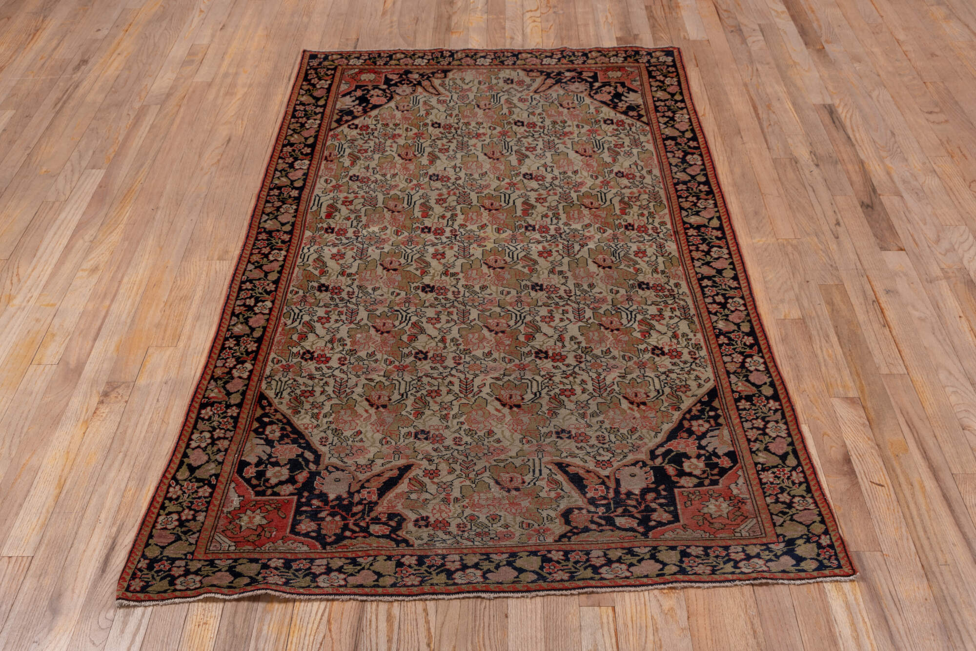 3' x 6' one-of-a-kind handmade vintage Far.Sarouk small size rug. Color palette: black, brown, gray, pink, red