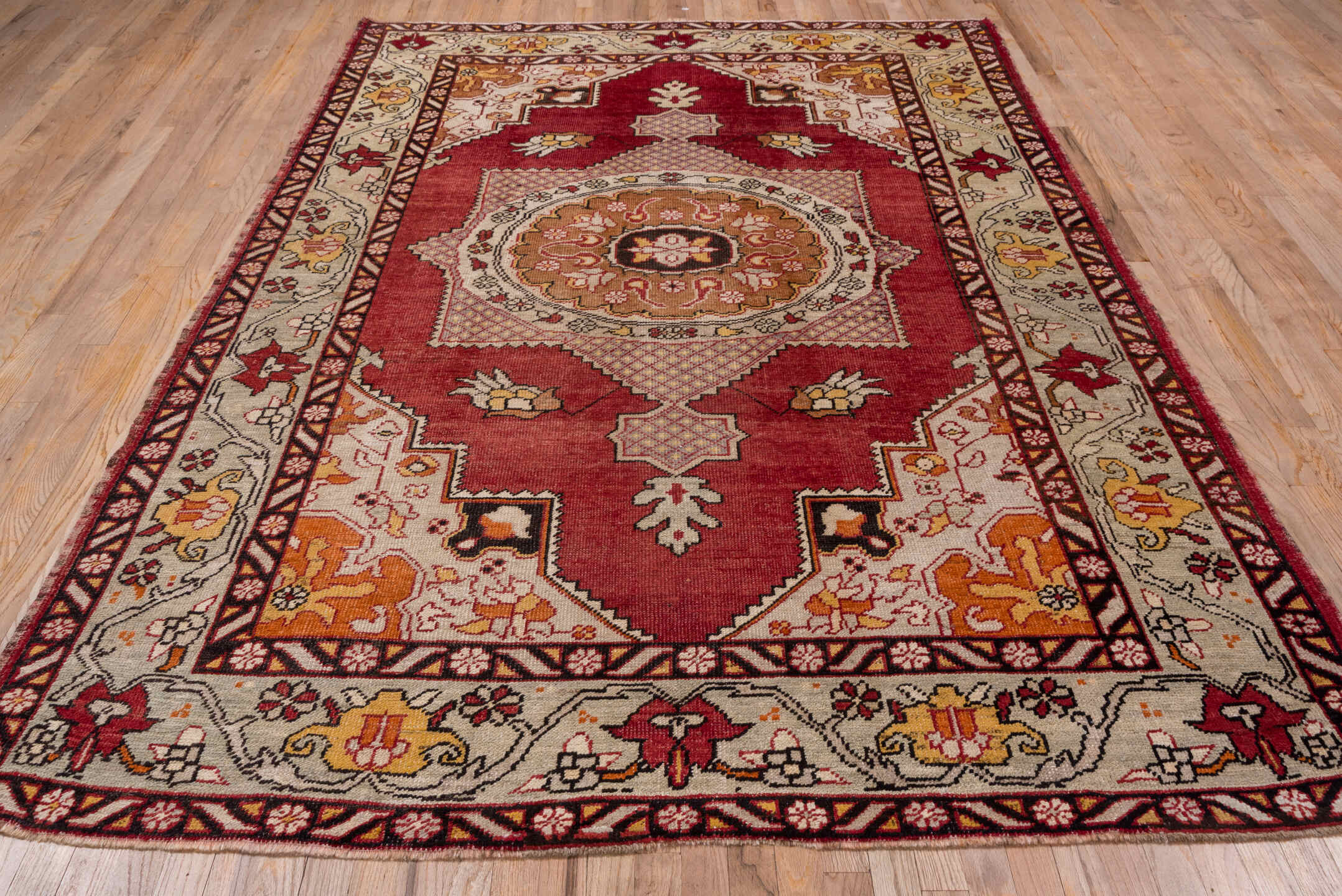 6' x 9' one-of-a-kind handmade vintage Oushak medium size rug. Color palette: brown, off-white, red, gray, pink, whitesmoke