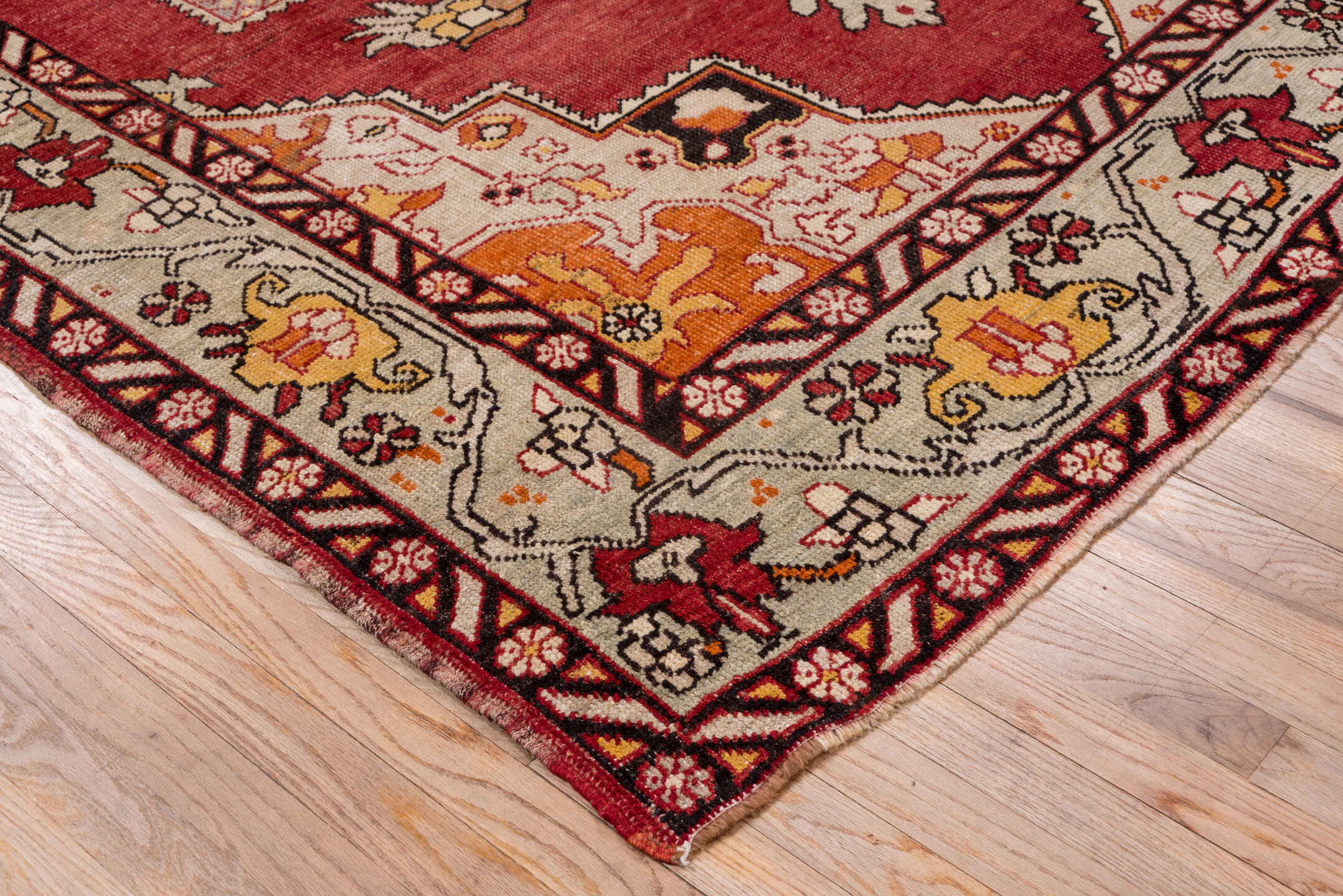 6' x 9' one-of-a-kind handmade vintage Oushak medium size rug. Color palette: brown, off-white, red, gray, pink, whitesmoke