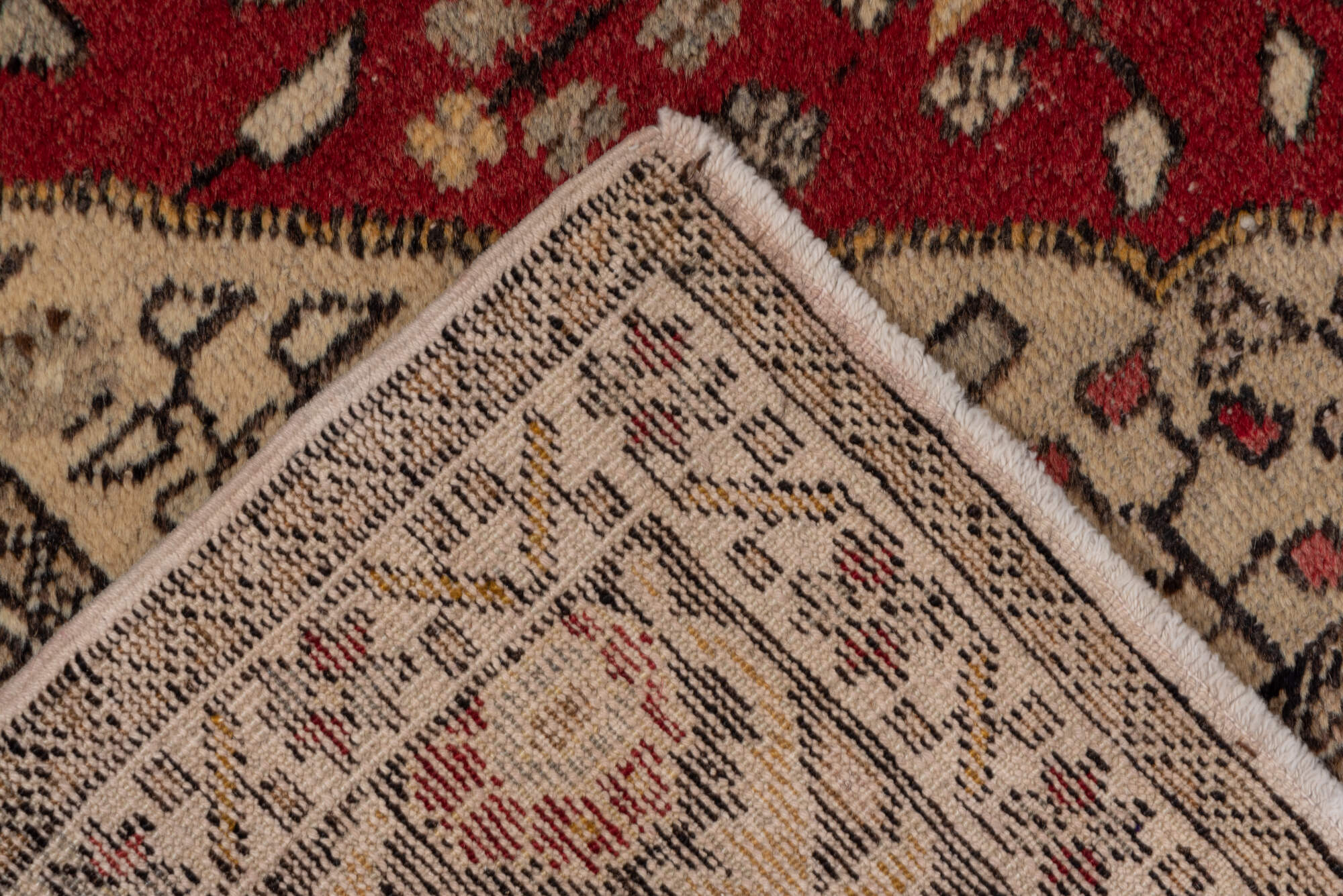 4' x 6' one-of-a-kind handmade vintage Oushak small size rug. Color palette: brown, gray, light gray, off-white, pink, red