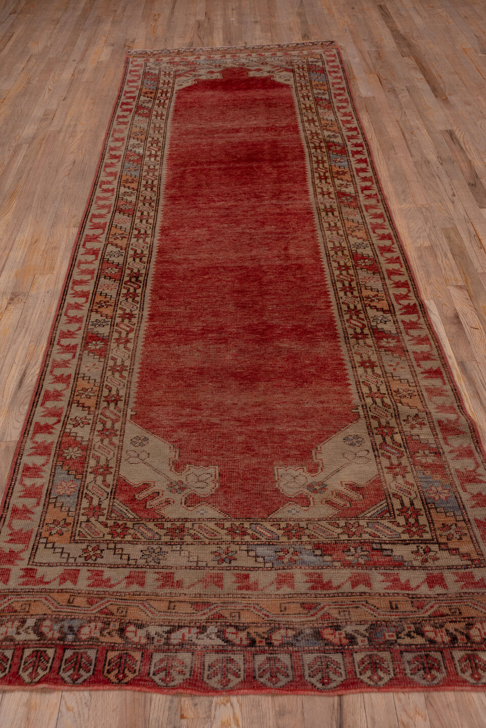 3' x 12' one-of-a-kind handmade vintage Oushak runner rug. Color palette: brown, gray, pink, red, off-white, white, snow
