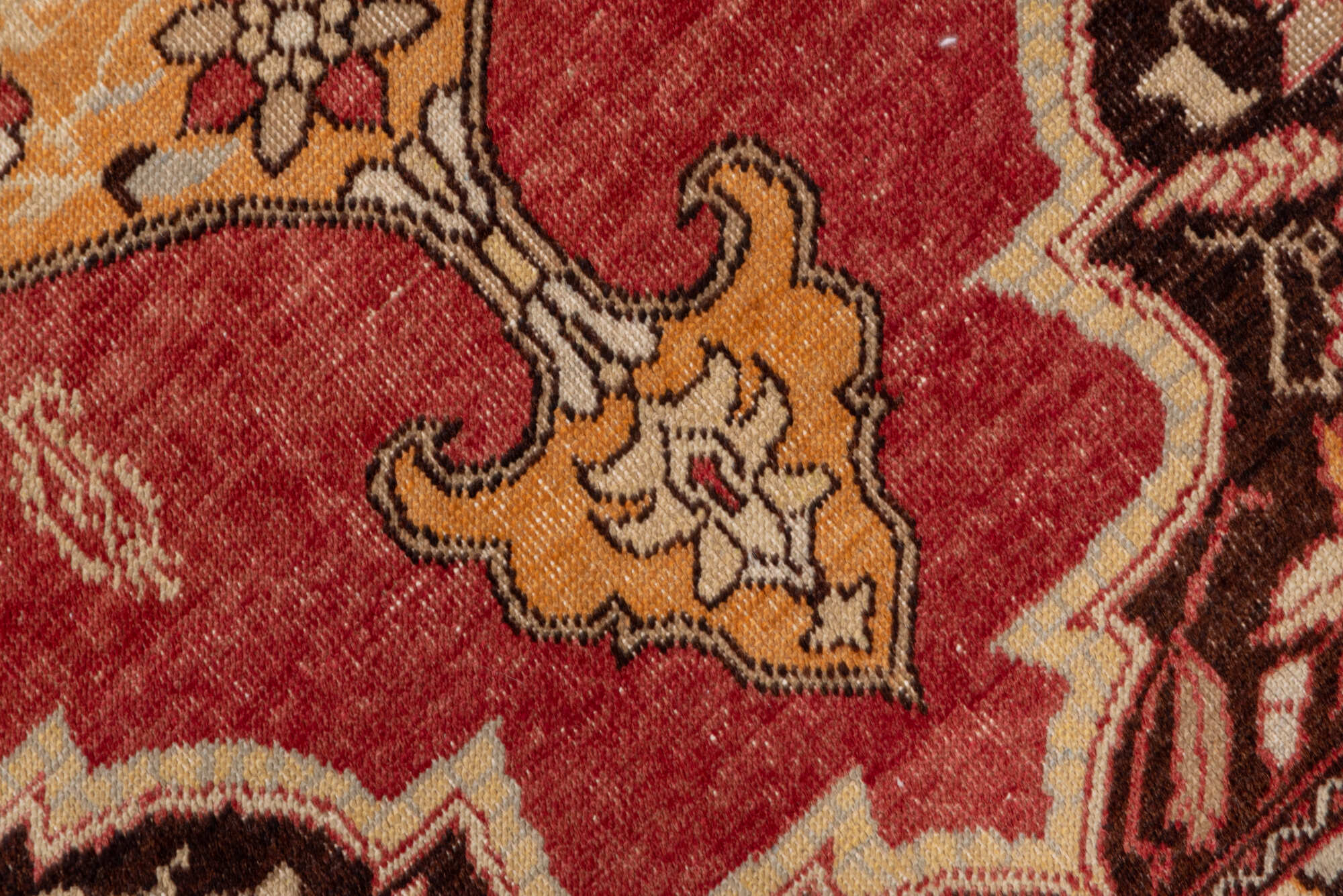 4' x 6' one-of-a-kind handmade vintage Oushak small size rug. Color palette: black, brown, pink, red, saddle brown