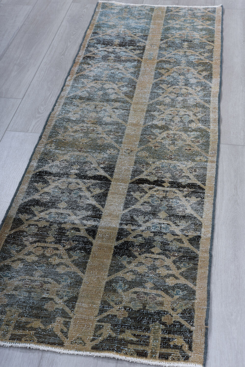6' x 7' one-of-a-kind handmade vintage Flatweave rug. Color palette: gray, black, light gray, off-white, blue, dark gray