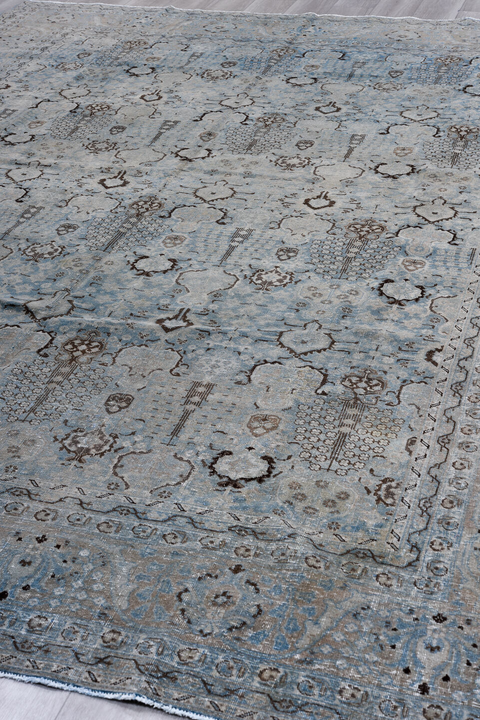 8' x 12' one-of-a-kind handmade vintage Tabriz large size rug. Color palette: gray, light gray, off-white, black, light blue