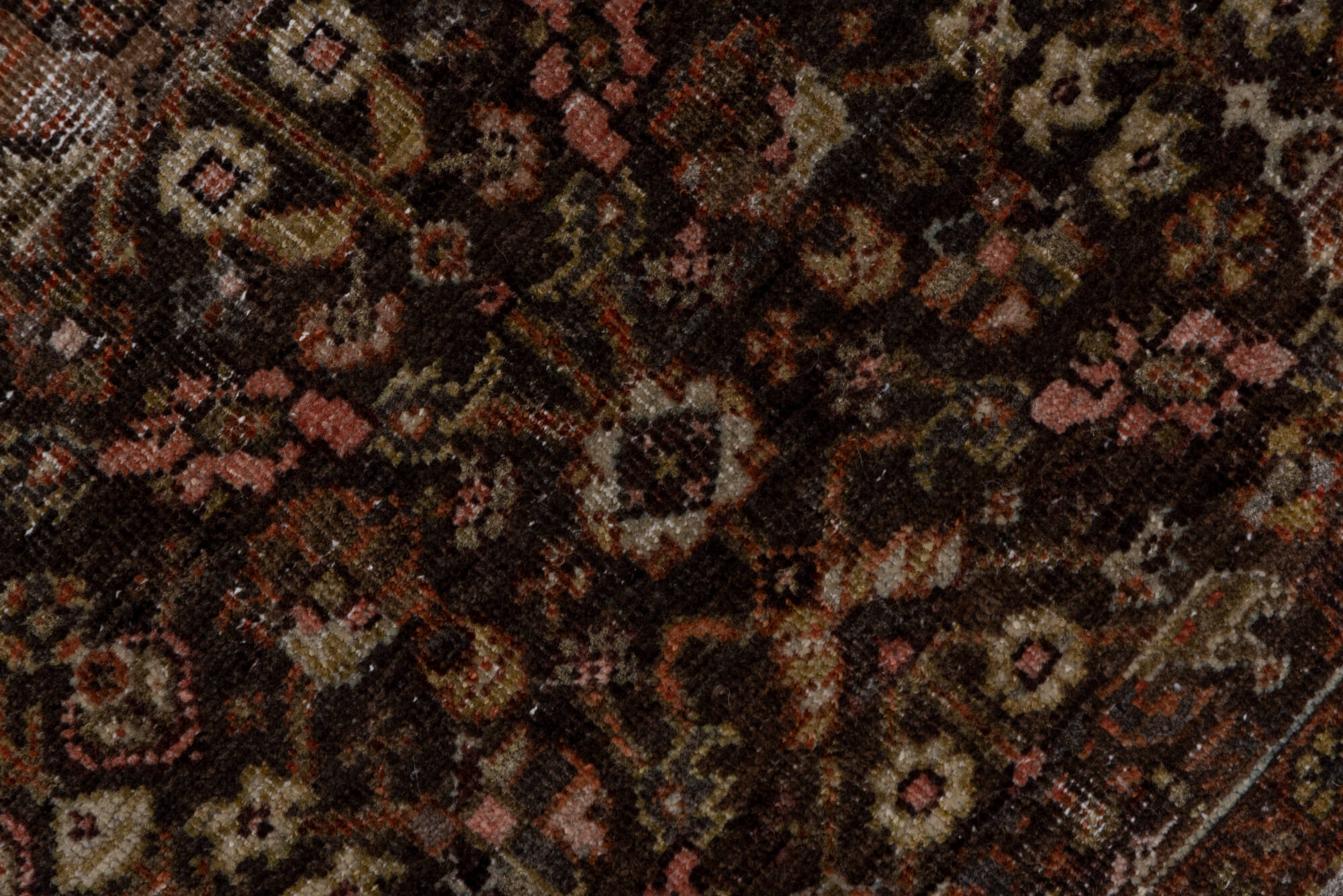 4' x 6' one-of-a-kind handmade vintage Far.Sarouk small size rug. Color palette: brown, gray, light gray, off-white, pink