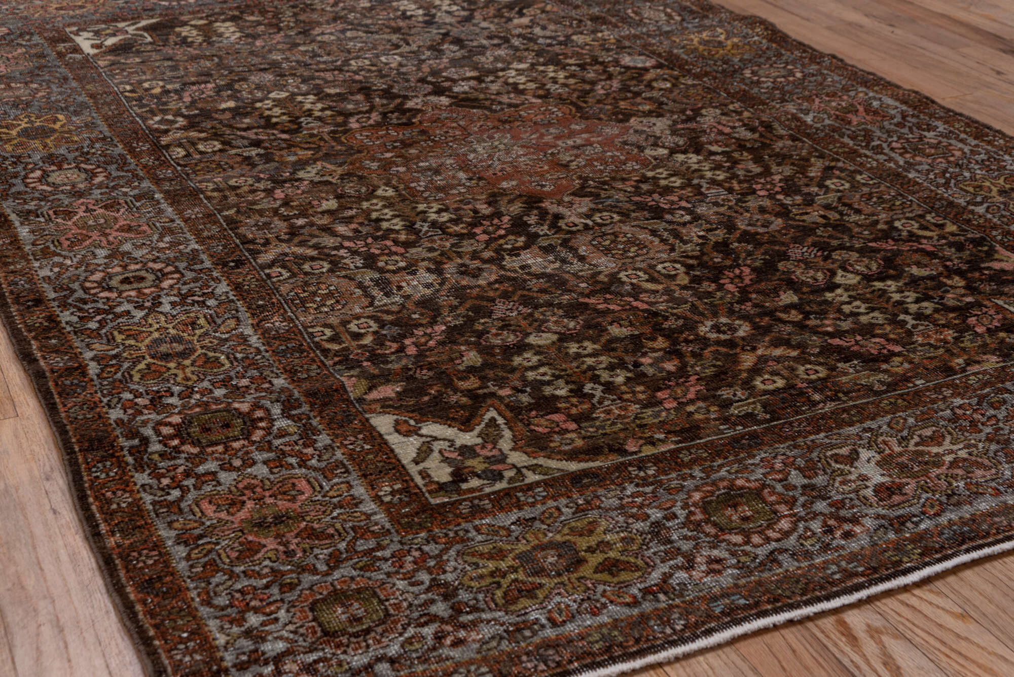 4' x 6' one-of-a-kind handmade vintage Far.Sarouk small size rug. Color palette: brown, gray, light gray, off-white, pink