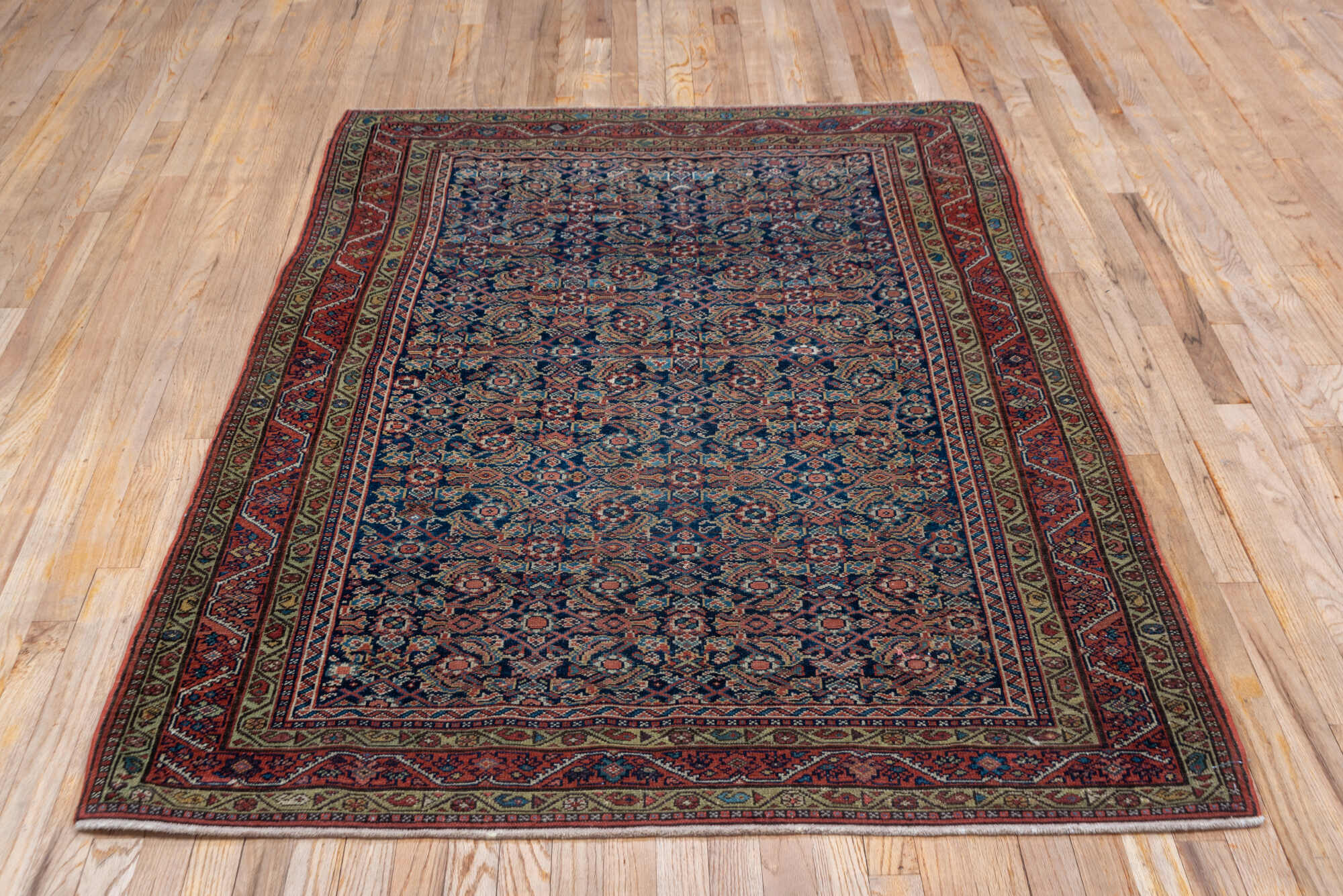 4' x 6' one-of-a-kind handmade vintage Malayer small size rug. Color palette: brown, gray, pink, red, redwood