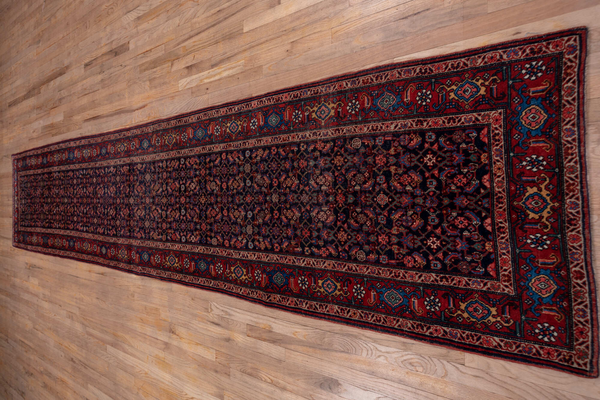 3' x 16' one-of-a-kind handmade vintage Bidjar runner rug. Color palette: blue, brown, gray, off-white, pink, red, redwood