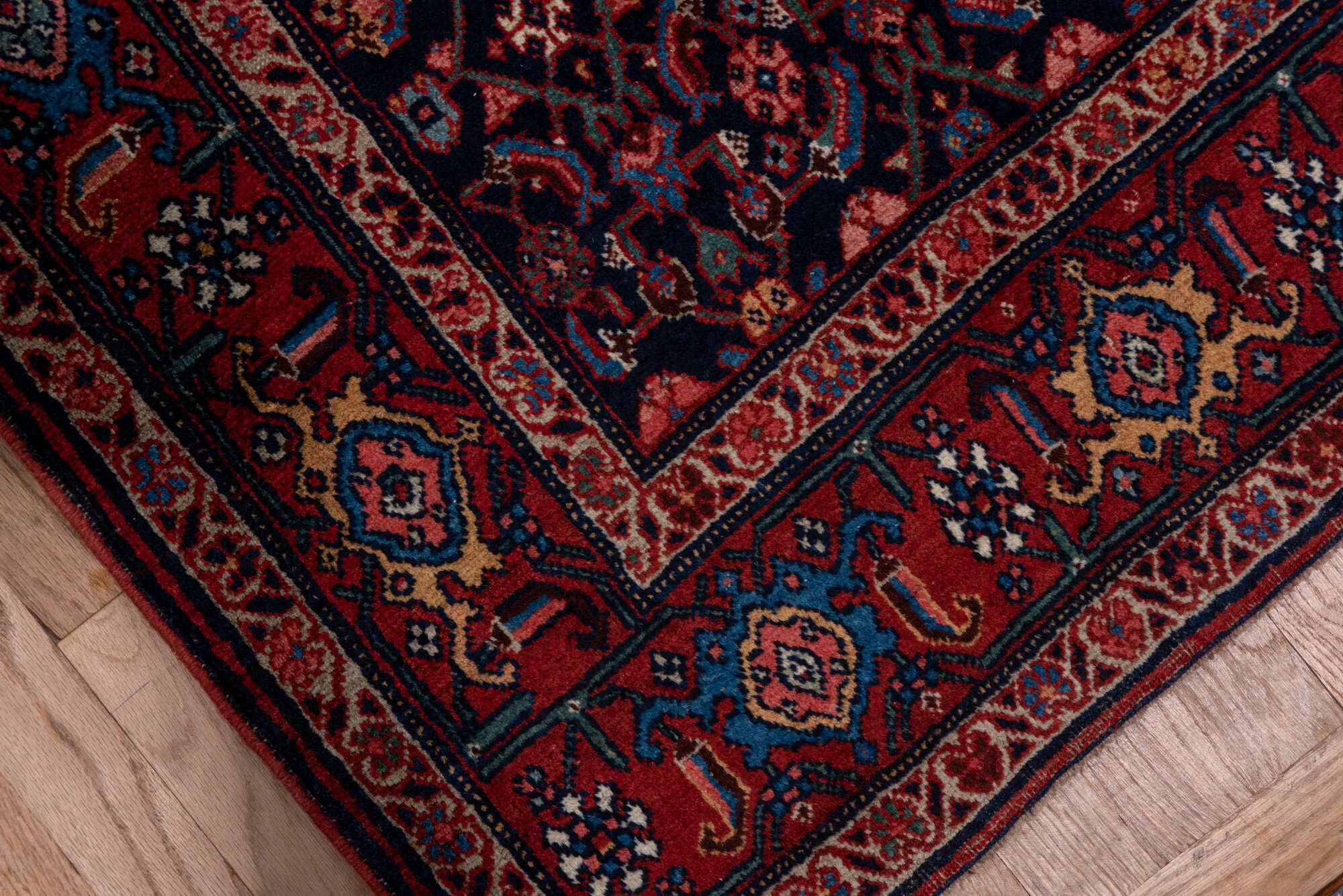 3' x 16' one-of-a-kind handmade vintage Bidjar runner rug. Color palette: blue, brown, gray, off-white, pink, red, redwood