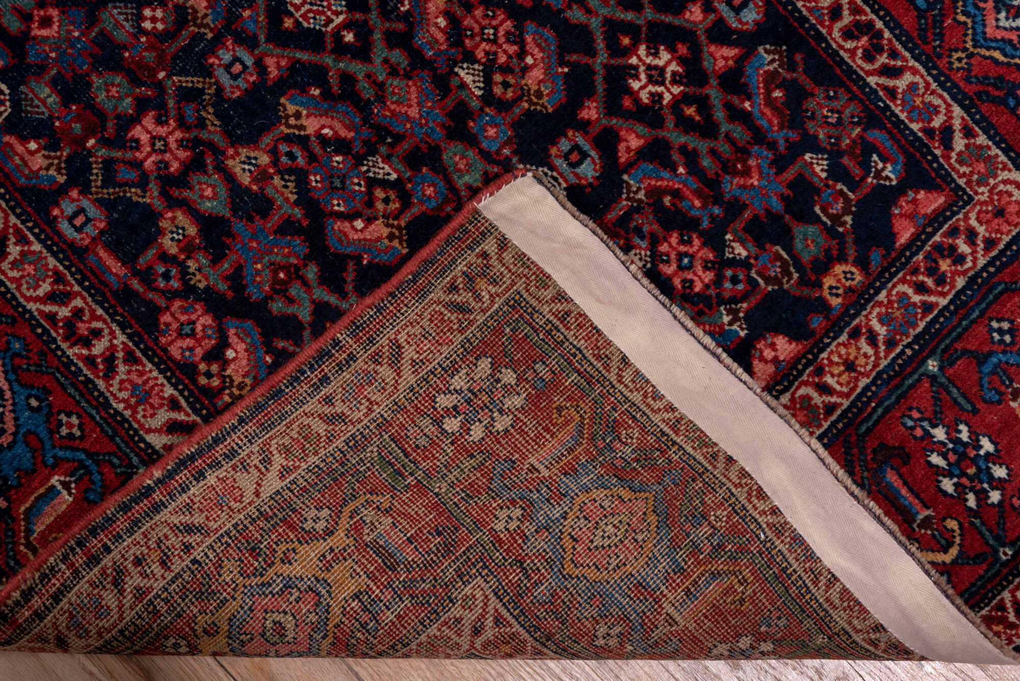 3' x 16' one-of-a-kind handmade vintage Bidjar runner rug. Color palette: blue, brown, gray, off-white, pink, red, redwood