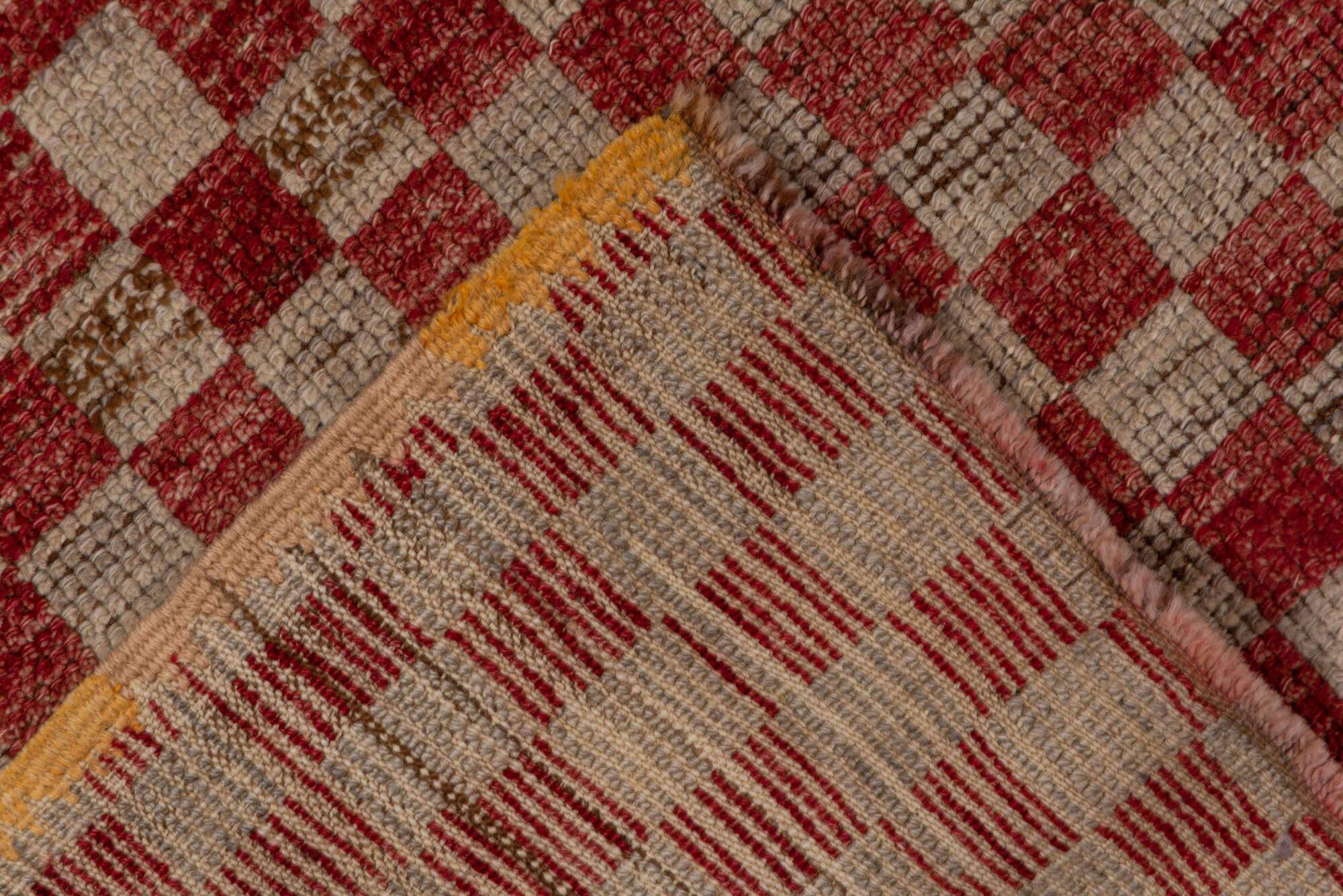 5' x 10' one-of-a-kind handmade vintage Tulu medium size rug. Color palette: brown, gray, light gray, pink, red