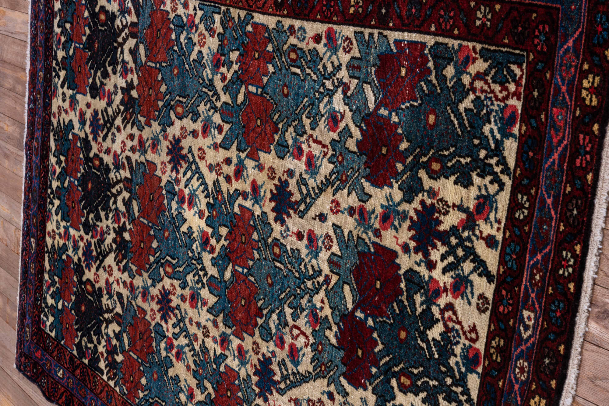 3' x 4' one-of-a-kind handmade vintage Malayer small size rug. Color palette: gray, off-white, brown, red, blue, pink, black