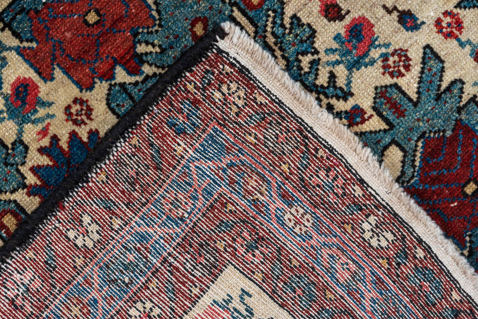 3' x 4' one-of-a-kind handmade vintage Malayer small size rug. Color palette: gray, off-white, brown, red, blue, pink, black