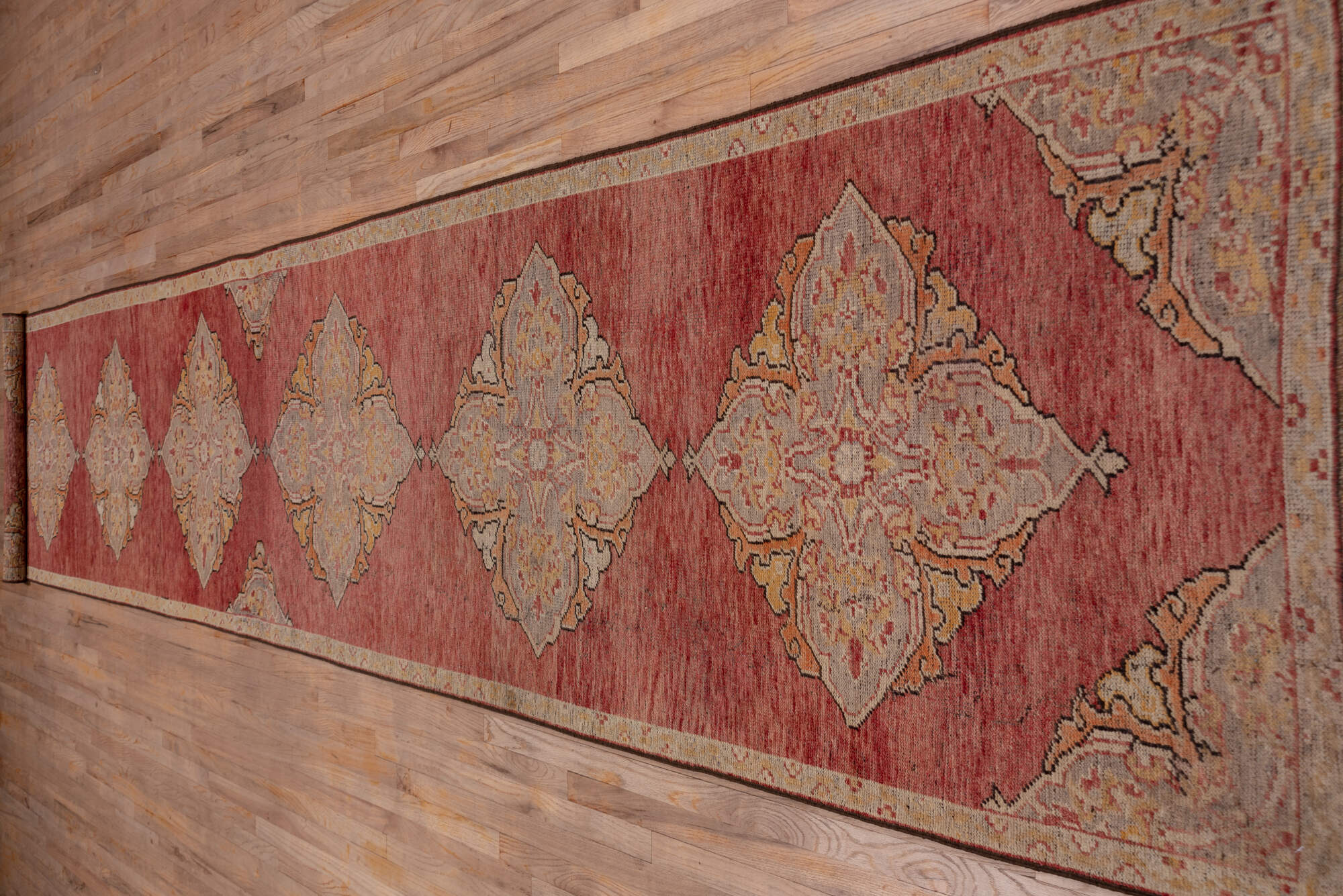 3' x 18' one-of-a-kind handmade vintage Oushak runner rug. Color palette: brown, off-white, pink, red, redwood, snow, white