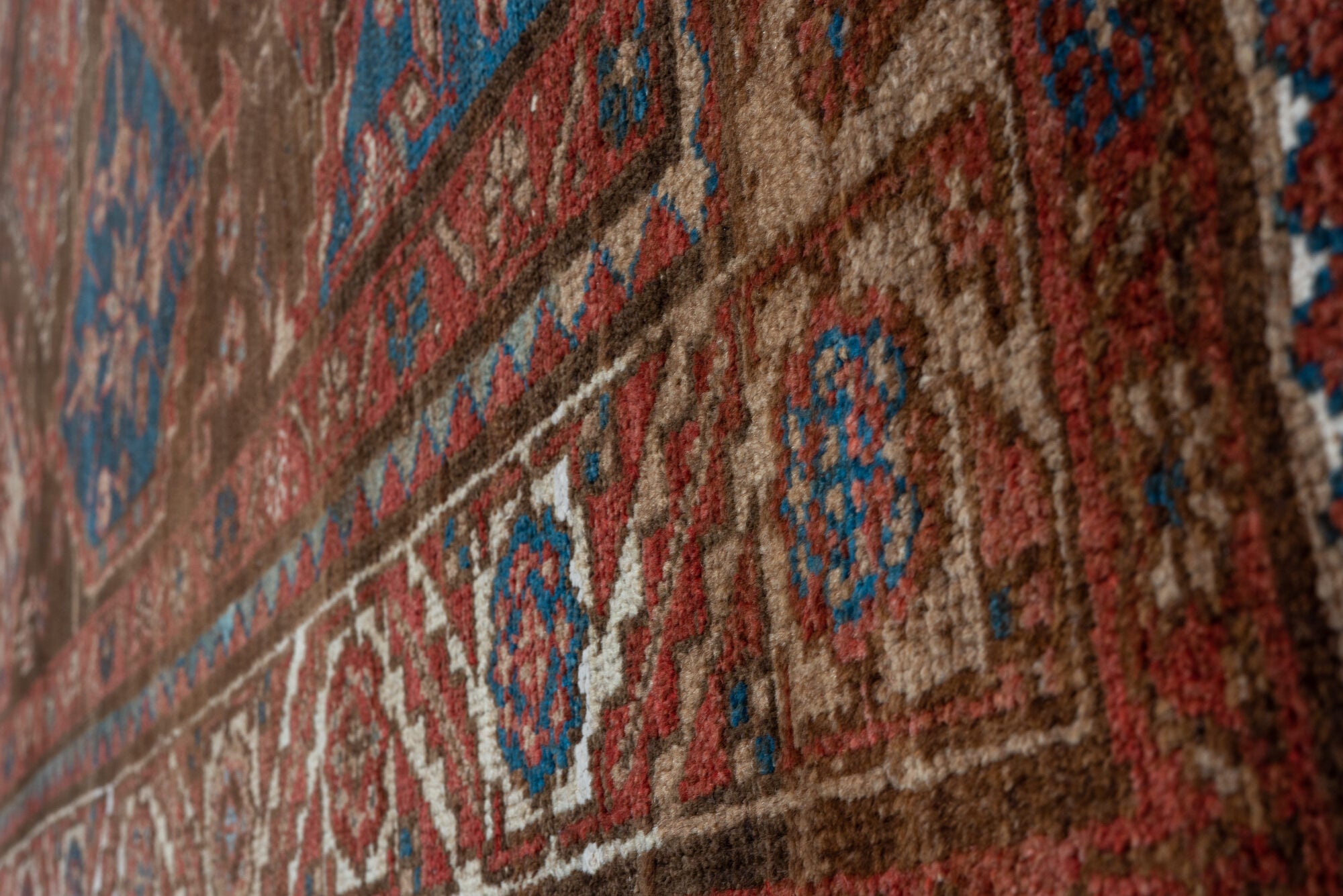 4' x 7' one-of-a-kind handmade vintage Malayer rug. Color palette: gray, black, blue, brown, light gray, off-white, pink