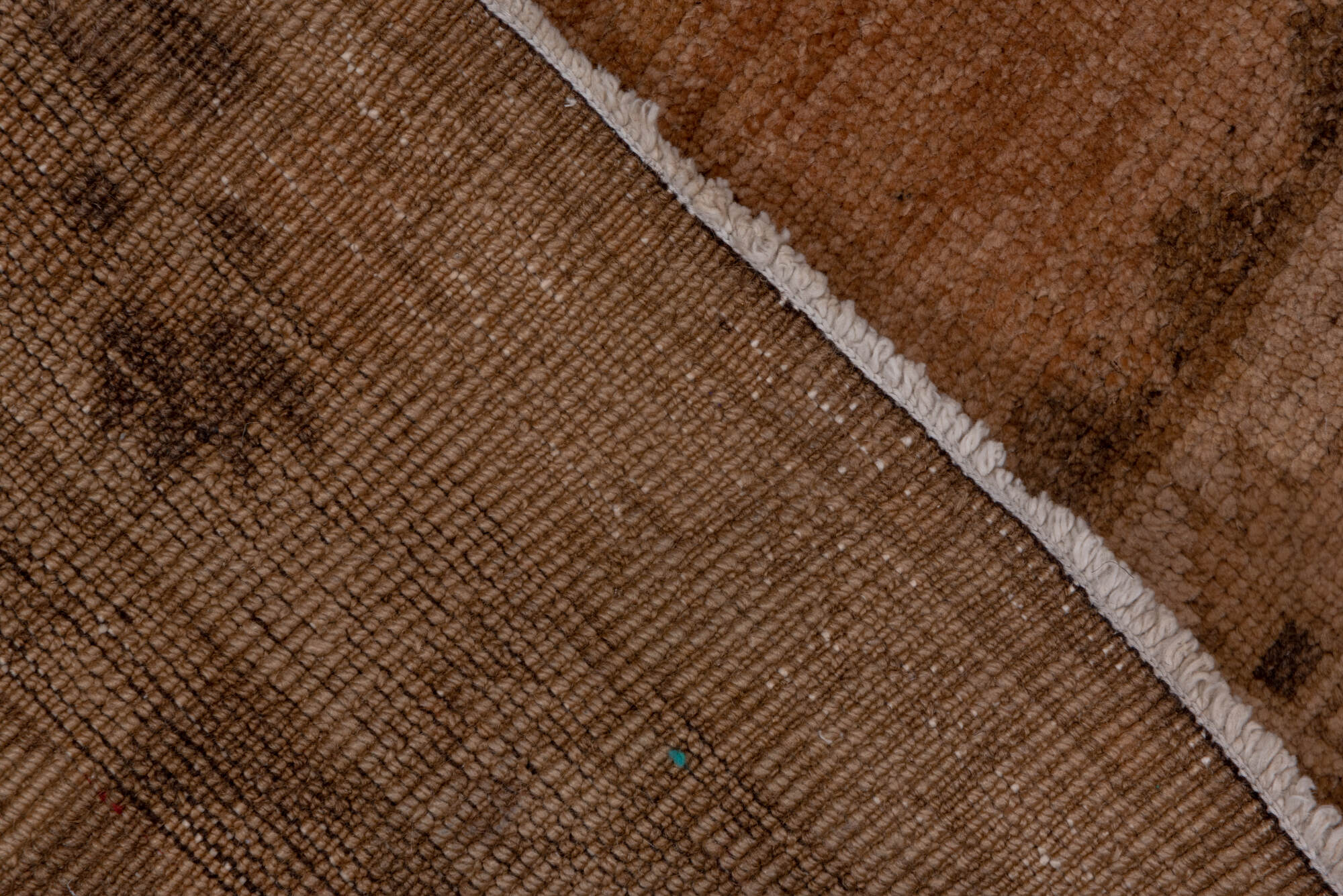 4' x 12' one-of-a-kind handmade vintage Oushak runner rug. Color palette: brown, gray, light gray, off-white, pink, snow