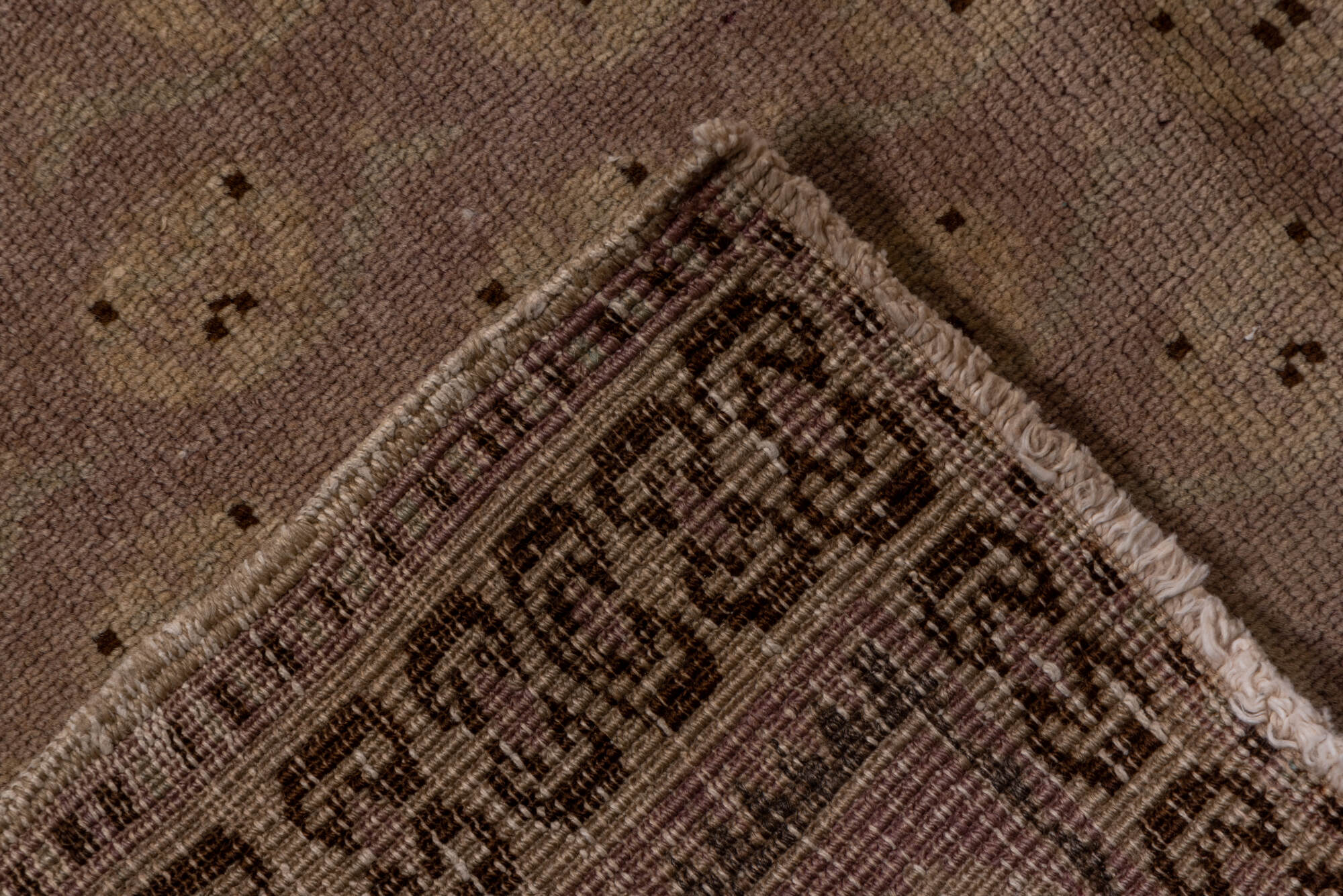 4' x 10' one-of-a-kind handmade vintage Oushak runner rug. Color palette: brown, gray, light gray, off-white, pink, snow