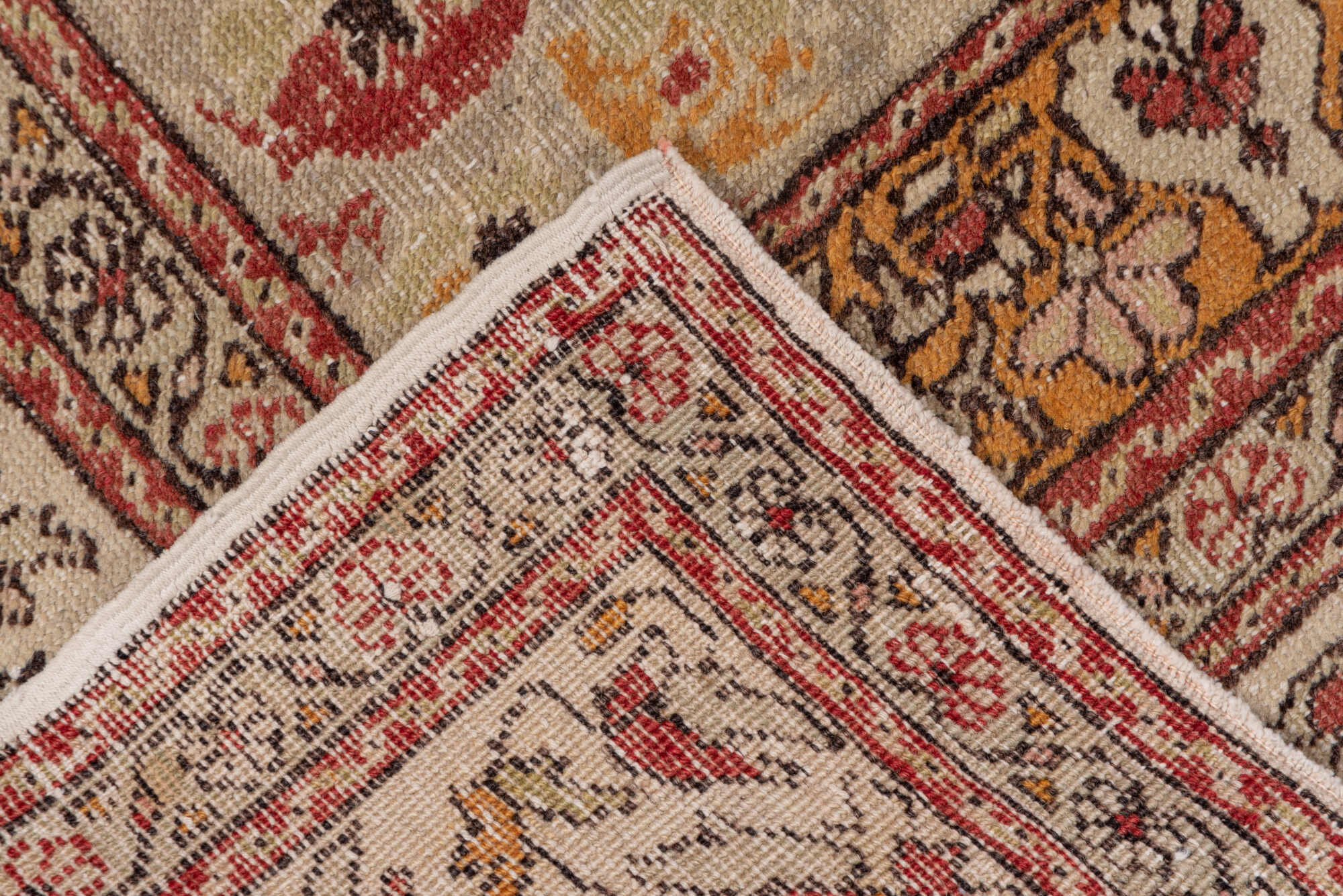 4' x 6' one-of-a-kind handmade vintage Oushak small size rug. Color palette: brown, gray, light gray, pink, red, redwood