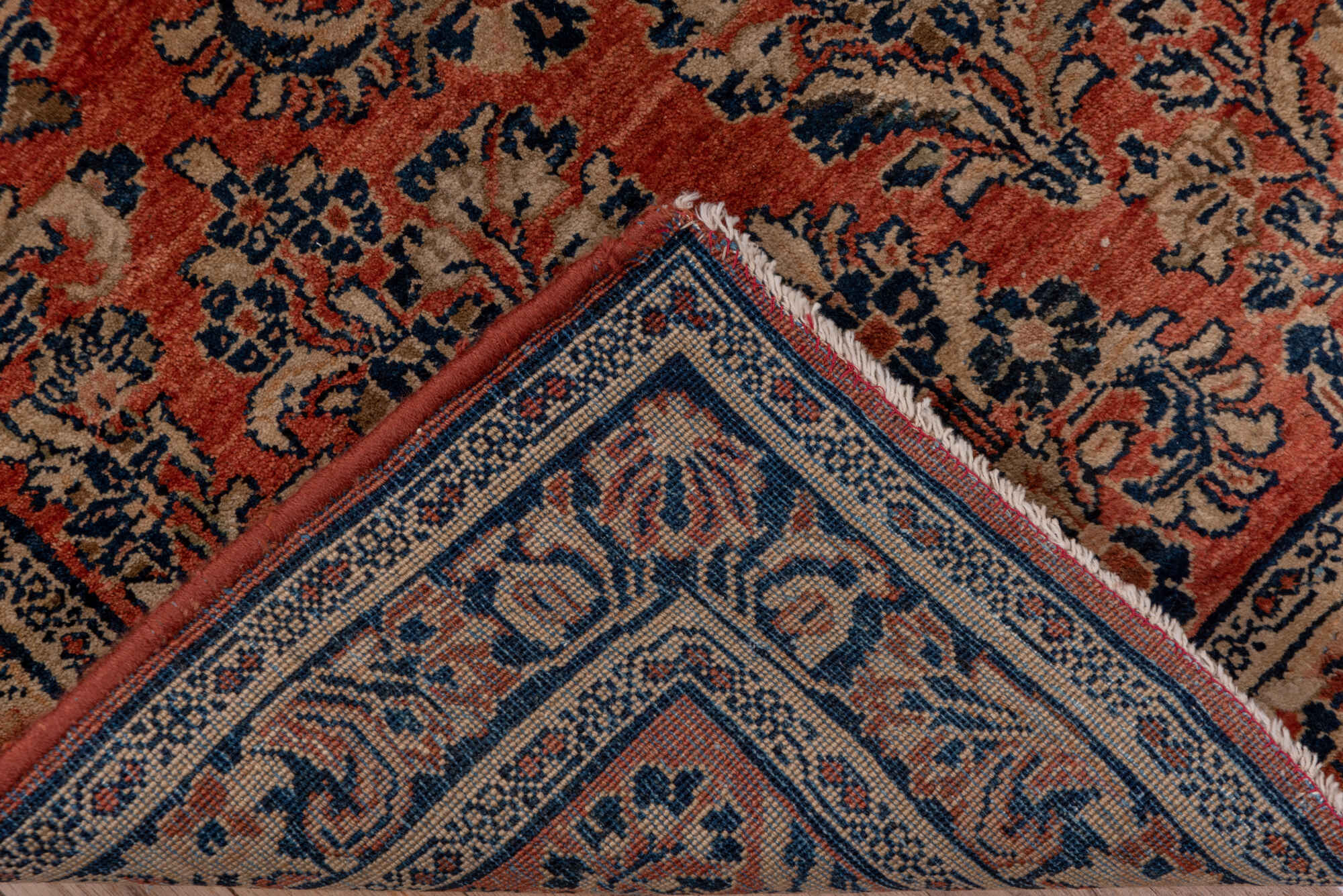 2' x 10' one-of-a-kind handmade vintage Sarouk runner rug. Color palette: brown, gray, pink, redwood