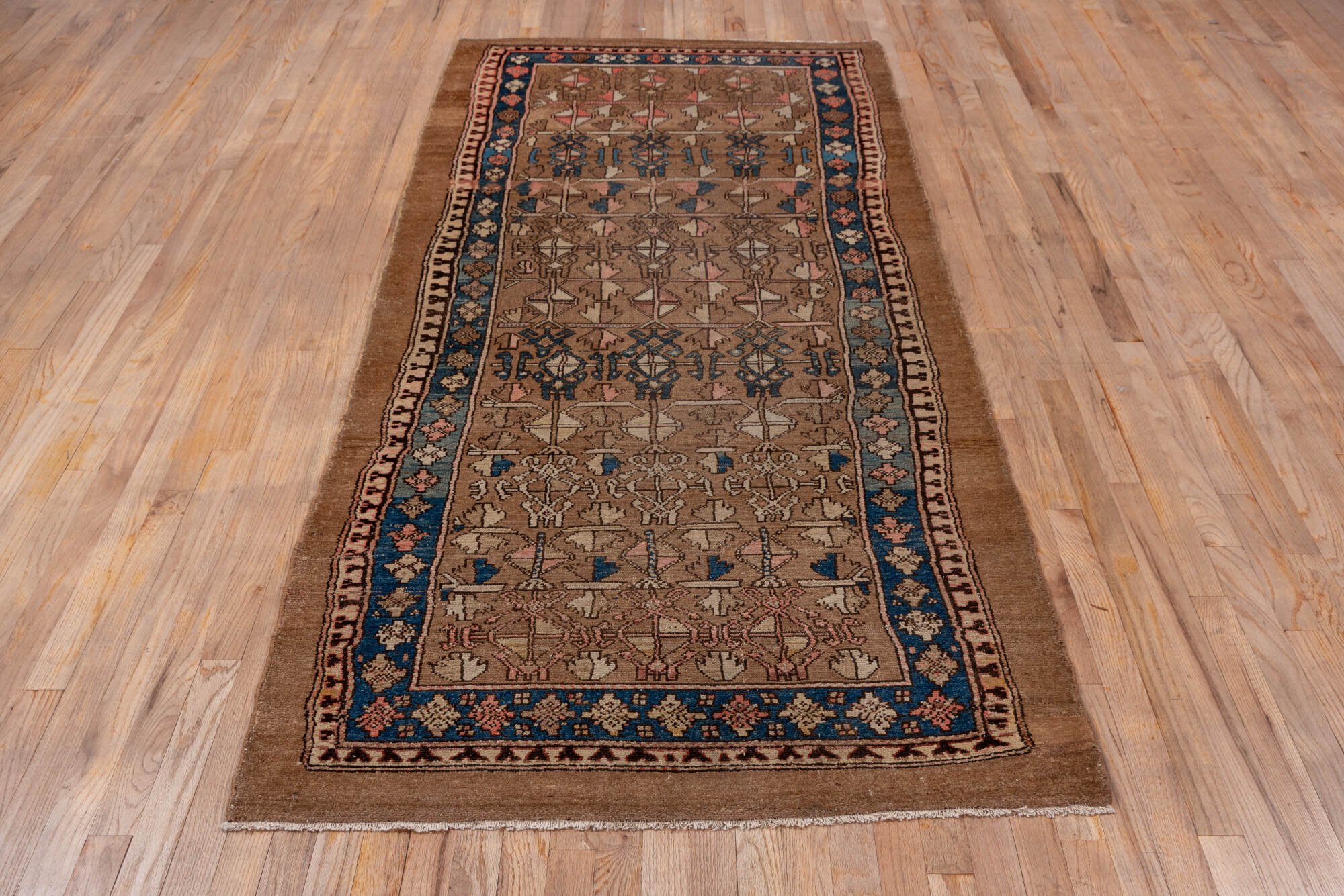3' x 8' one-of-a-kind handmade vintage Cam Hamadan runner rug. Color palette: black, blue, brown, charcoal, gray, pink, red