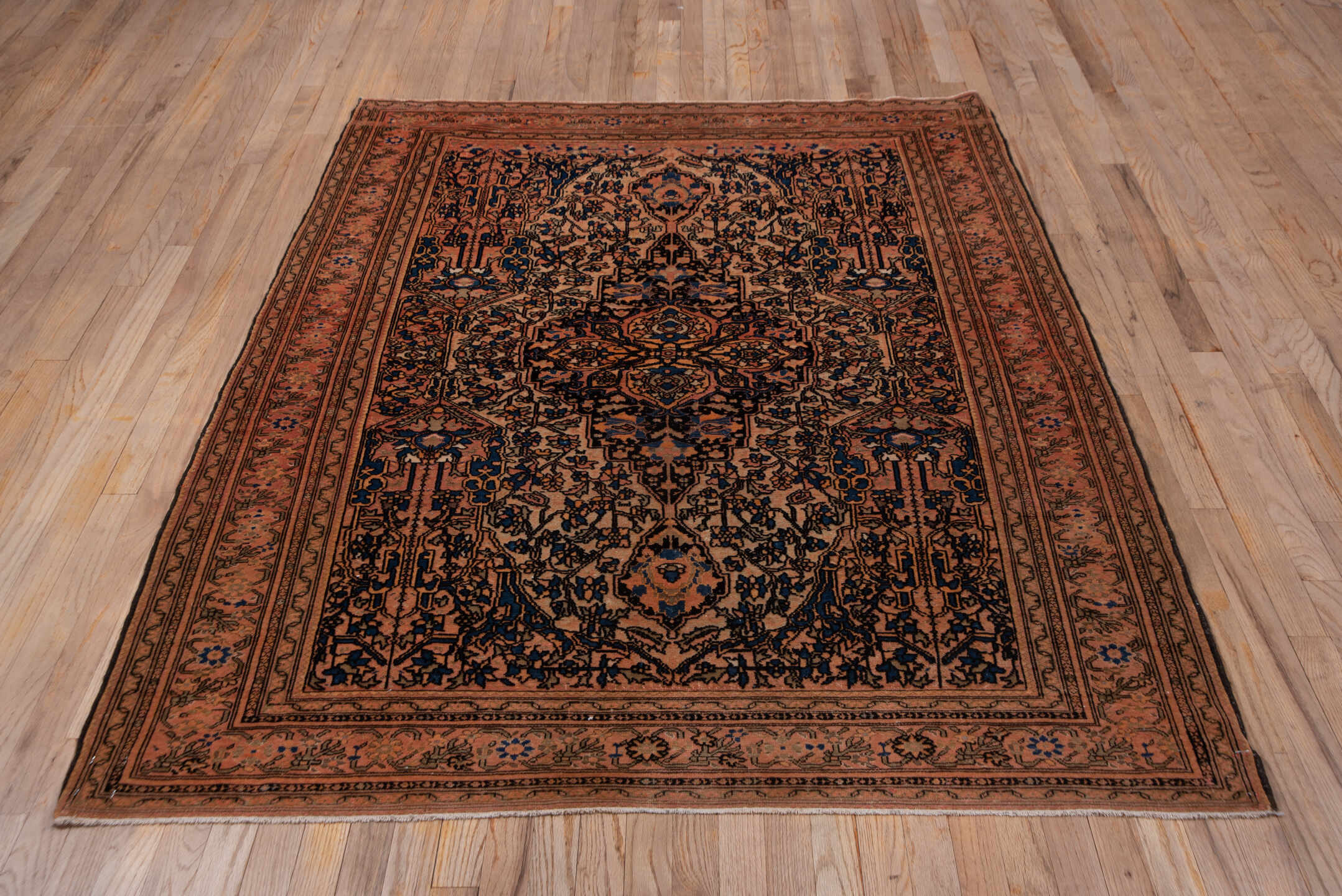 5' x 6' one-of-a-kind handmade vintage Malayer rug. Color palette: pink, gray, brown, black, redwood