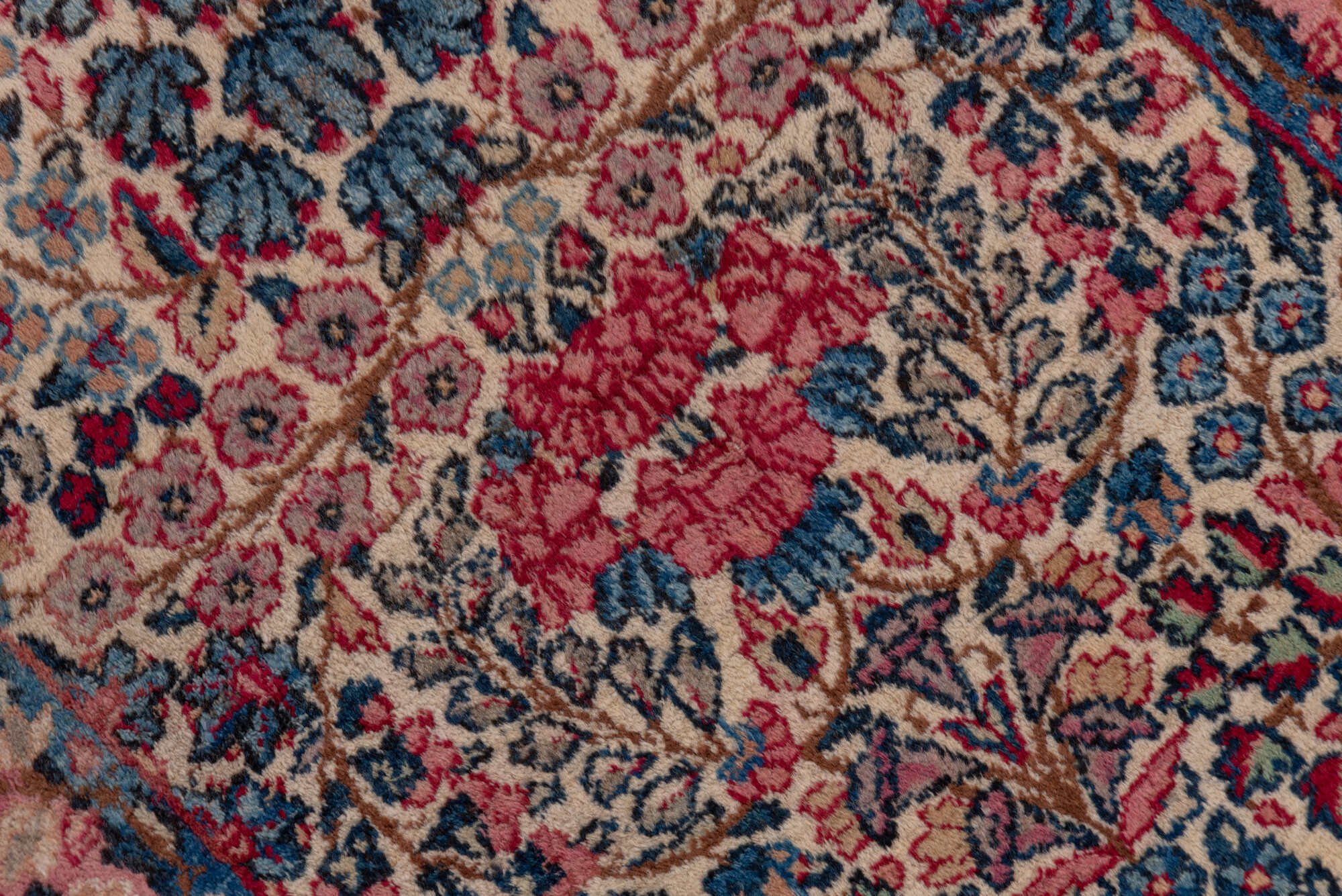 2' x 10' one-of-a-kind handmade vintage Kerman runner rug. Color palette: brown, dim gray, gray, pink, red