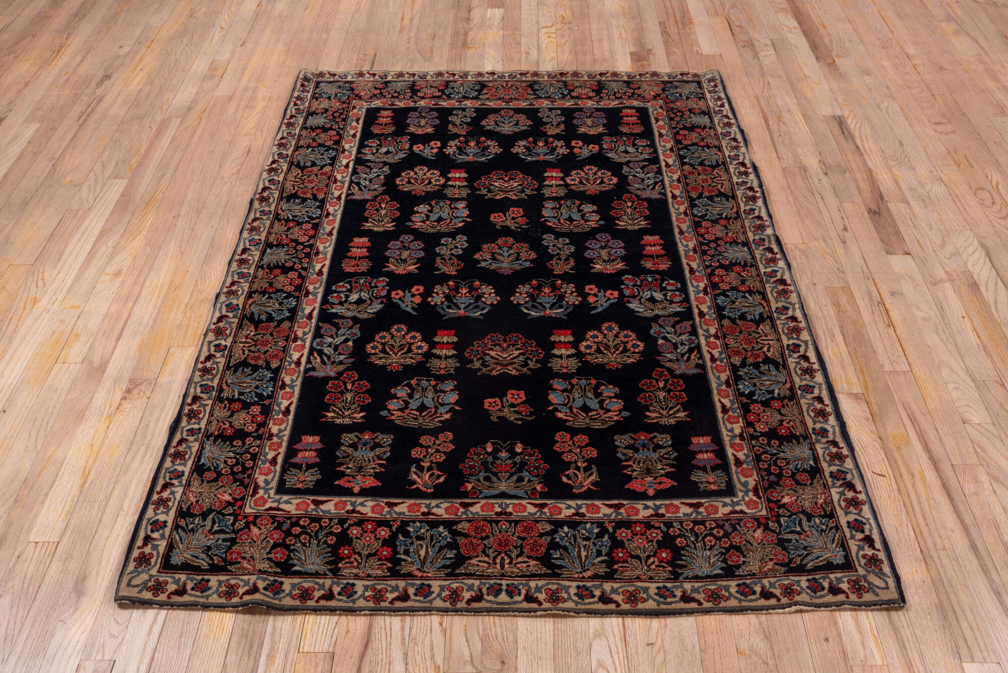 4' x 6' one-of-a-kind handmade vintage Far.Sarouk small size rug. Color palette: black, blue, brown, dim gray, gray, pink