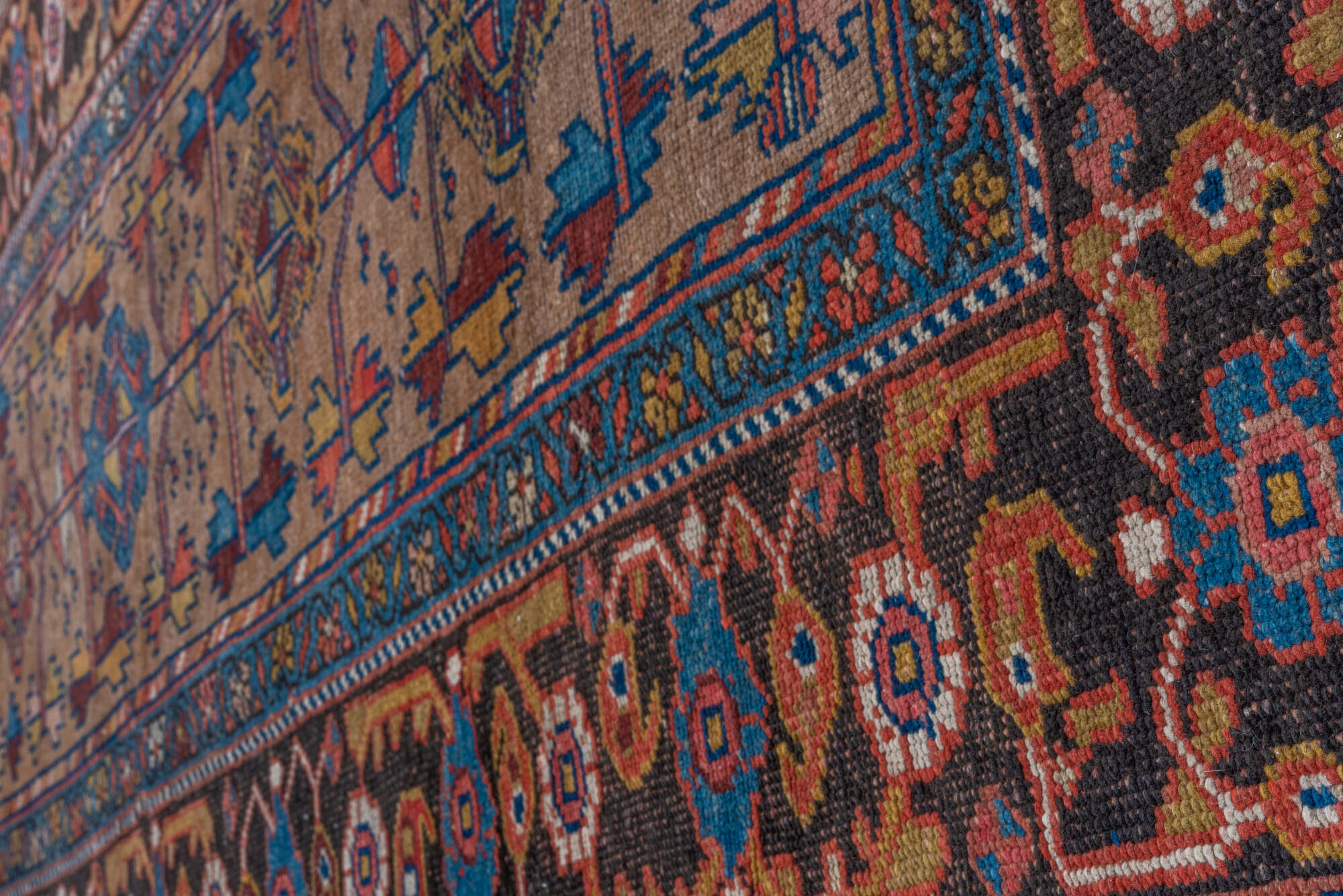 3' x 8' one-of-a-kind handmade vintage Kurd runner rug. Color palette: arapawa, blue, brown, gray, pink, red, redwood