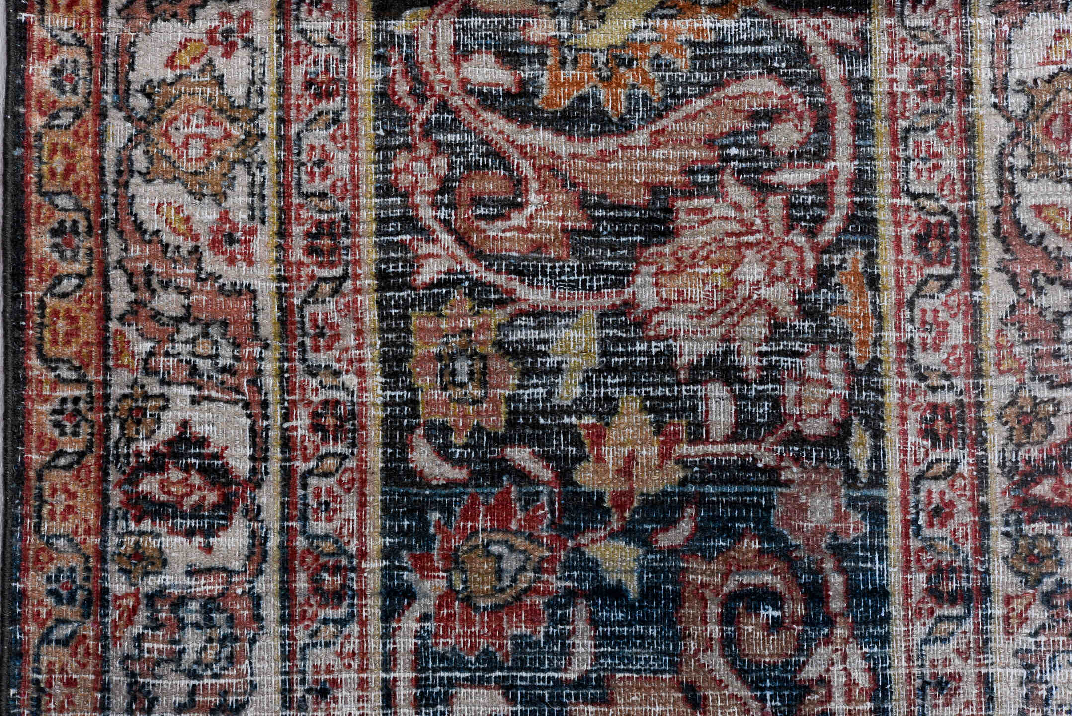 13' x 17' one-of-a-kind handmade vintage Khorassan oversize rug. Color palette: gray, red, brown, blue, pink, black