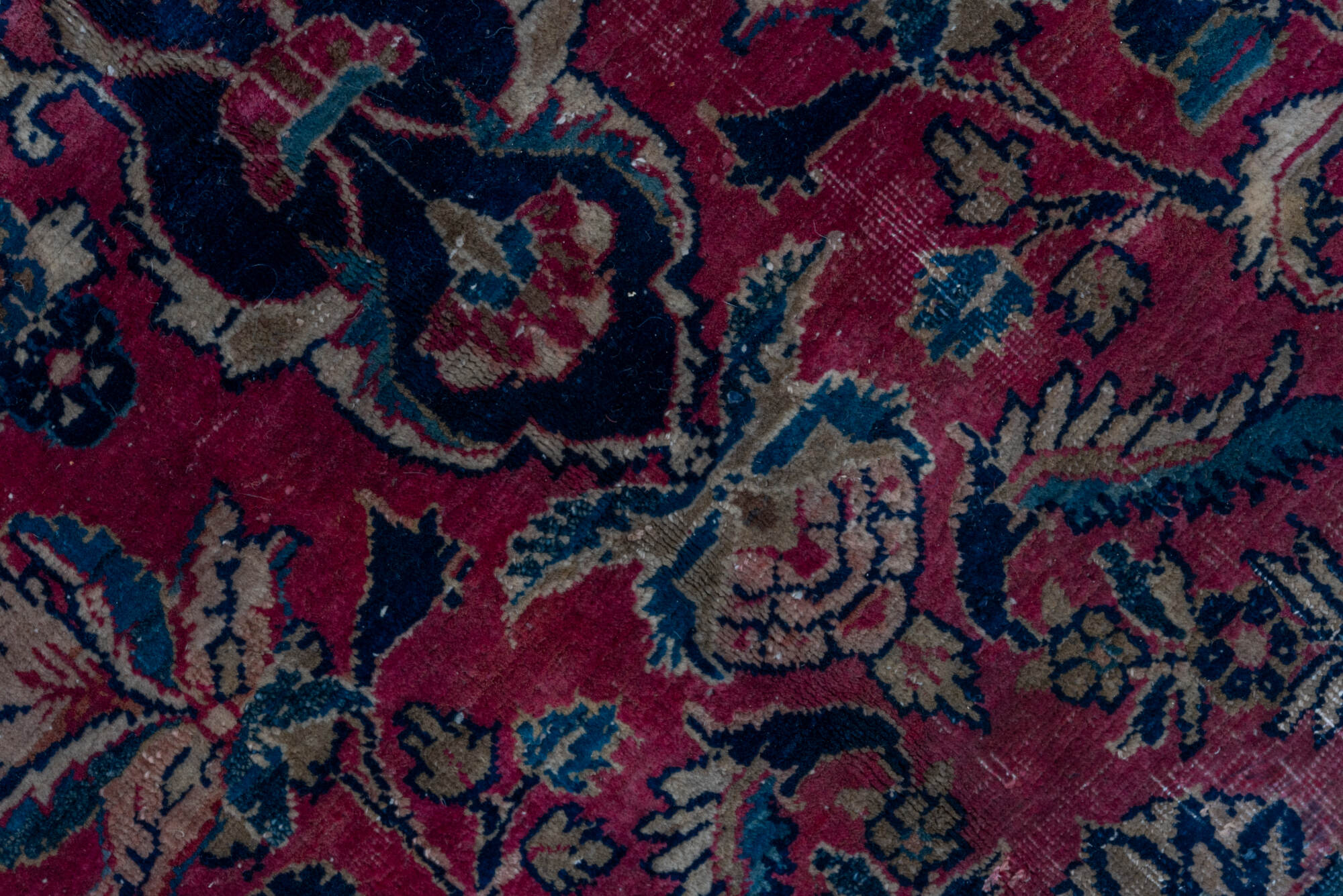 8' x 11' one-of-a-kind handmade vintage Kazvin large size rug. Color palette: blue, brown, gray, off-white, pink, red, snow