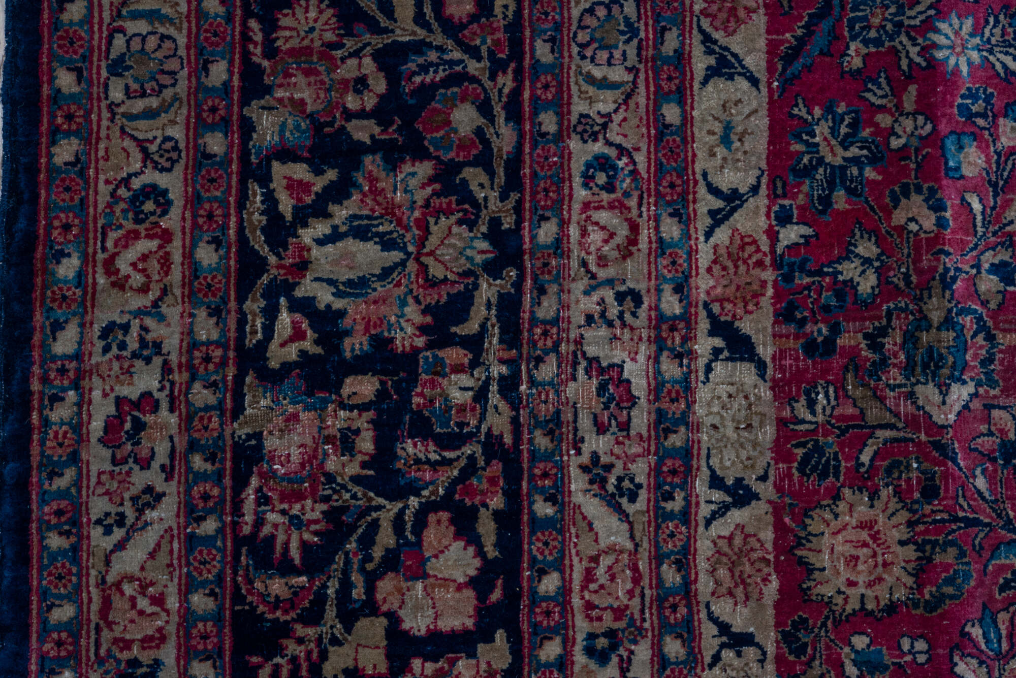 8' x 11' one-of-a-kind handmade vintage Kazvin large size rug. Color palette: blue, brown, gray, off-white, pink, red, snow