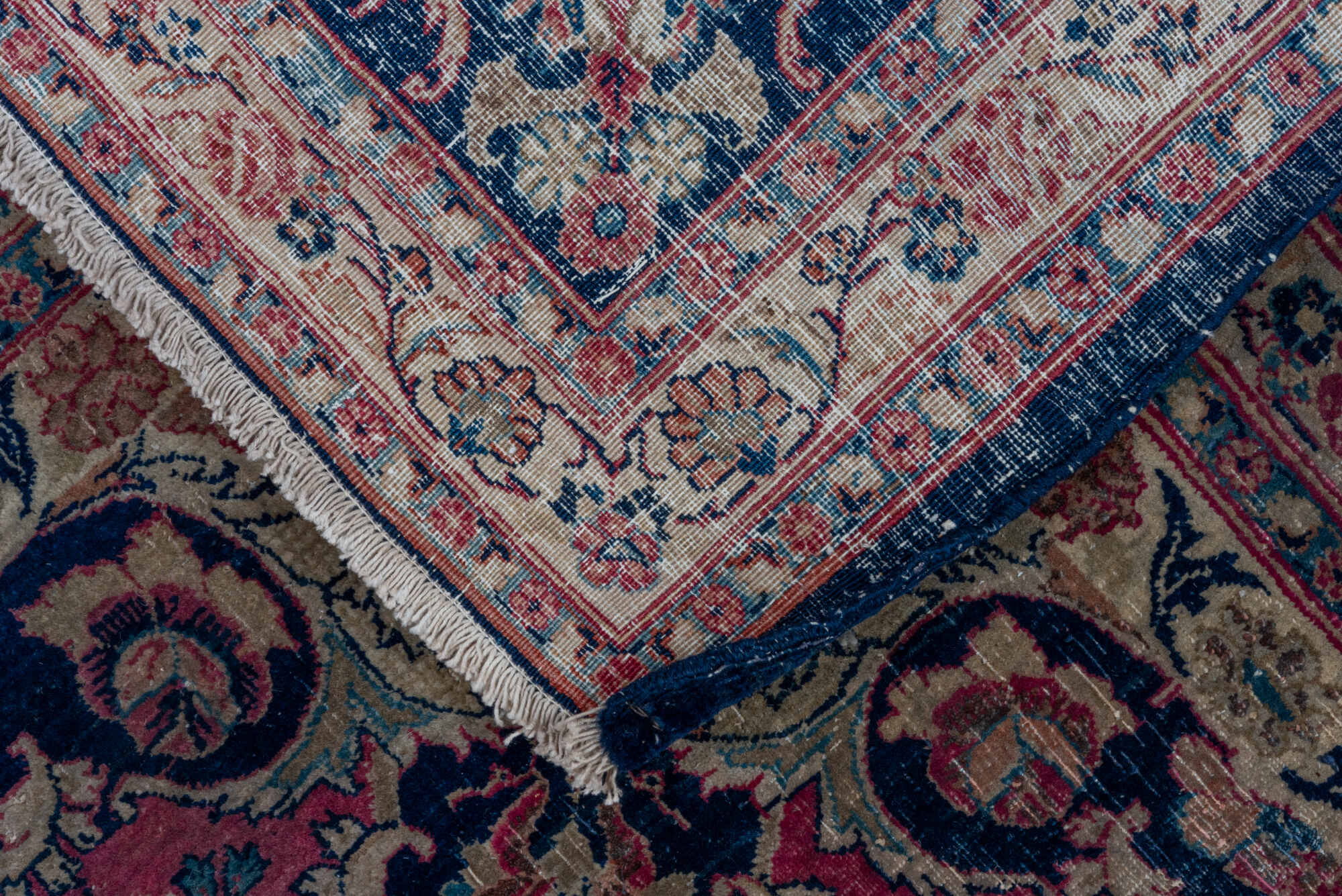 8' x 11' one-of-a-kind handmade vintage Kazvin large size rug. Color palette: blue, brown, gray, off-white, pink, red, snow