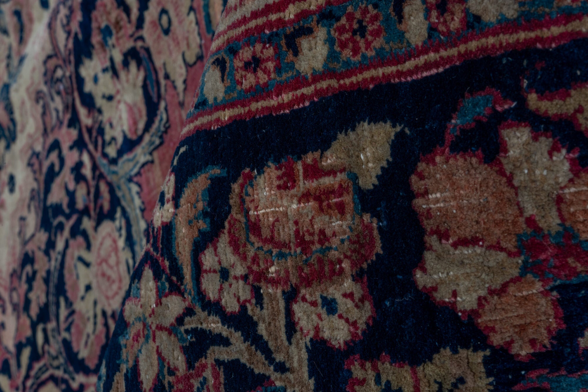 8' x 11' one-of-a-kind handmade vintage Kazvin large size rug. Color palette: blue, brown, gray, off-white, pink, red, snow