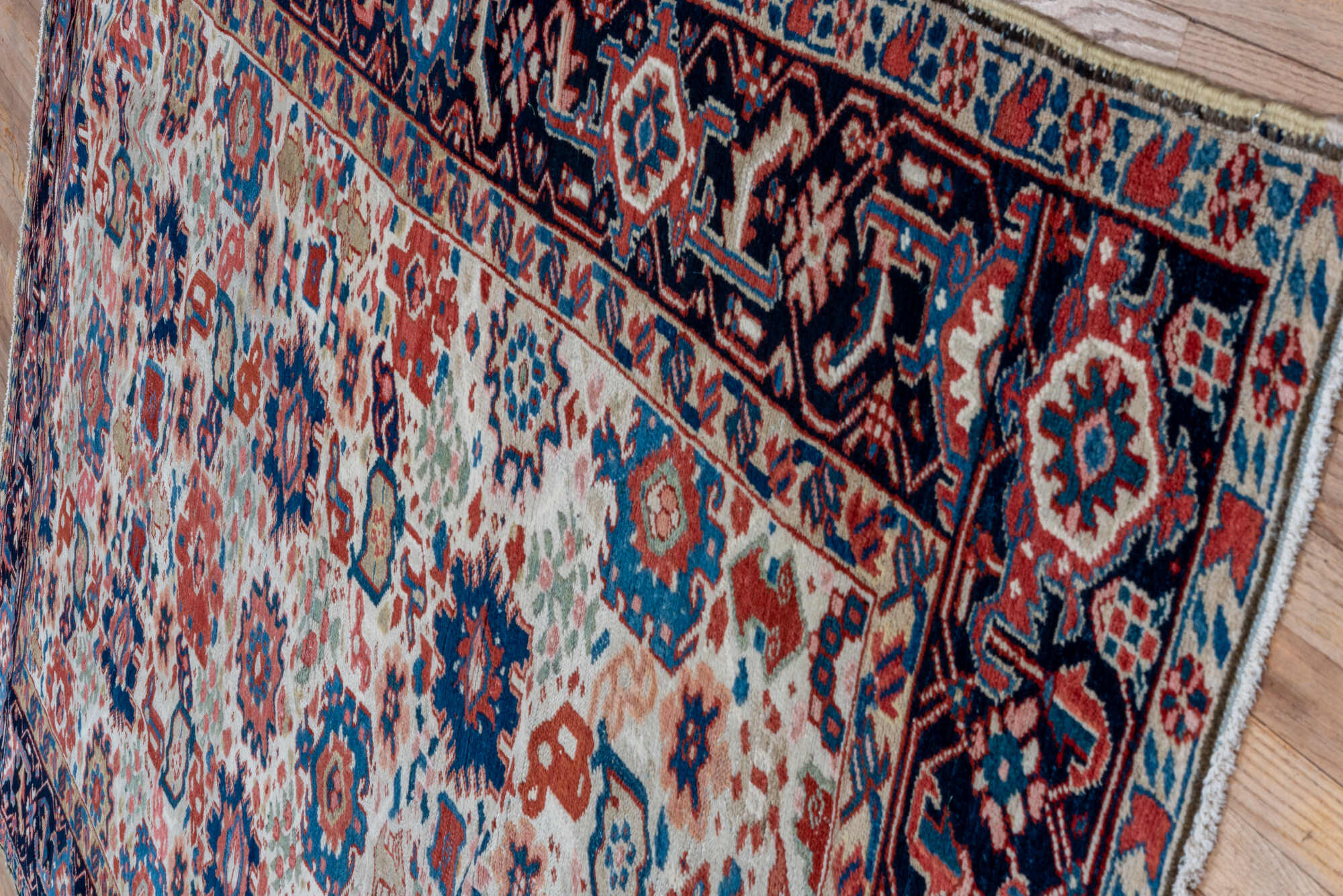 7' x 10' one-of-a-kind handmade vintage Heriz large size rug. Color palette: blue, brown, dark gray, fiord, gainsboro, gray