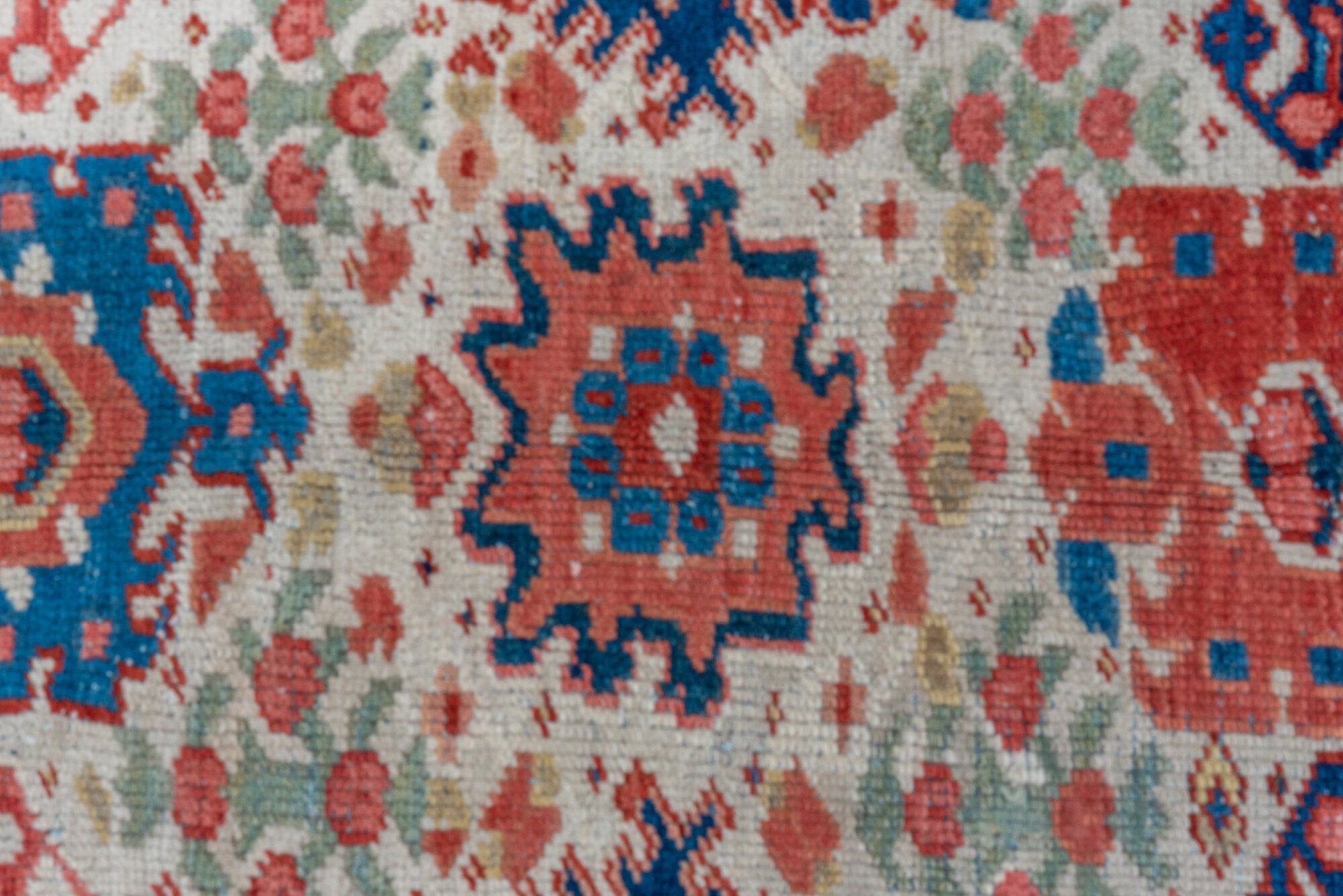 7' x 10' one-of-a-kind handmade vintage Heriz large size rug. Color palette: blue, brown, dark gray, fiord, gainsboro, gray