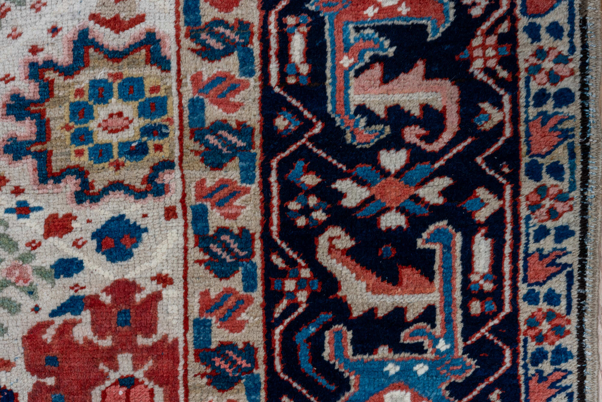 7' x 10' one-of-a-kind handmade vintage Heriz large size rug. Color palette: blue, brown, dark gray, fiord, gainsboro, gray