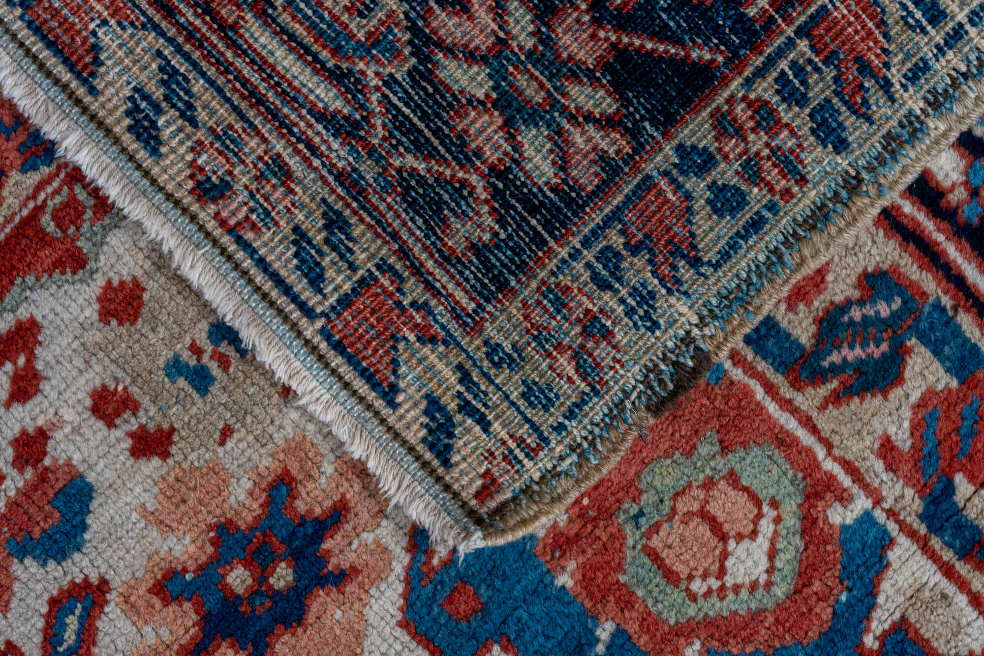 7' x 10' one-of-a-kind handmade vintage Heriz large size rug. Color palette: blue, brown, dark gray, fiord, gainsboro, gray