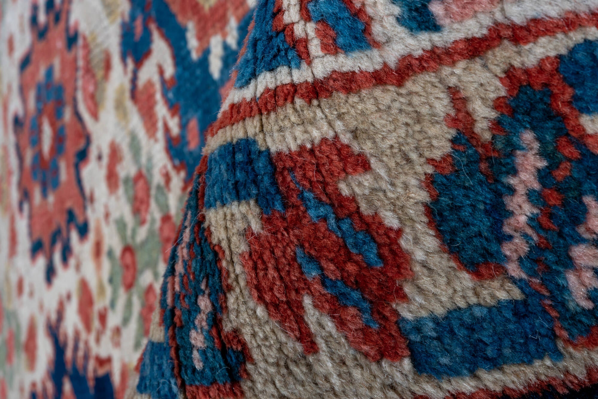 7' x 10' one-of-a-kind handmade vintage Heriz large size rug. Color palette: blue, brown, dark gray, fiord, gainsboro, gray