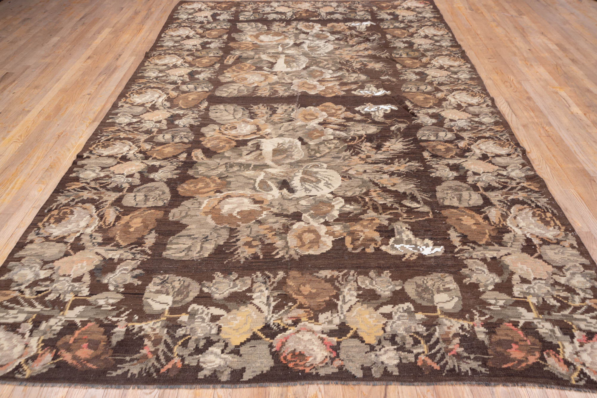 7' x 12' one-of-a-kind handmade vintage Kilim large size rug. Color palette: brown, gray, light gray, off-white, pink