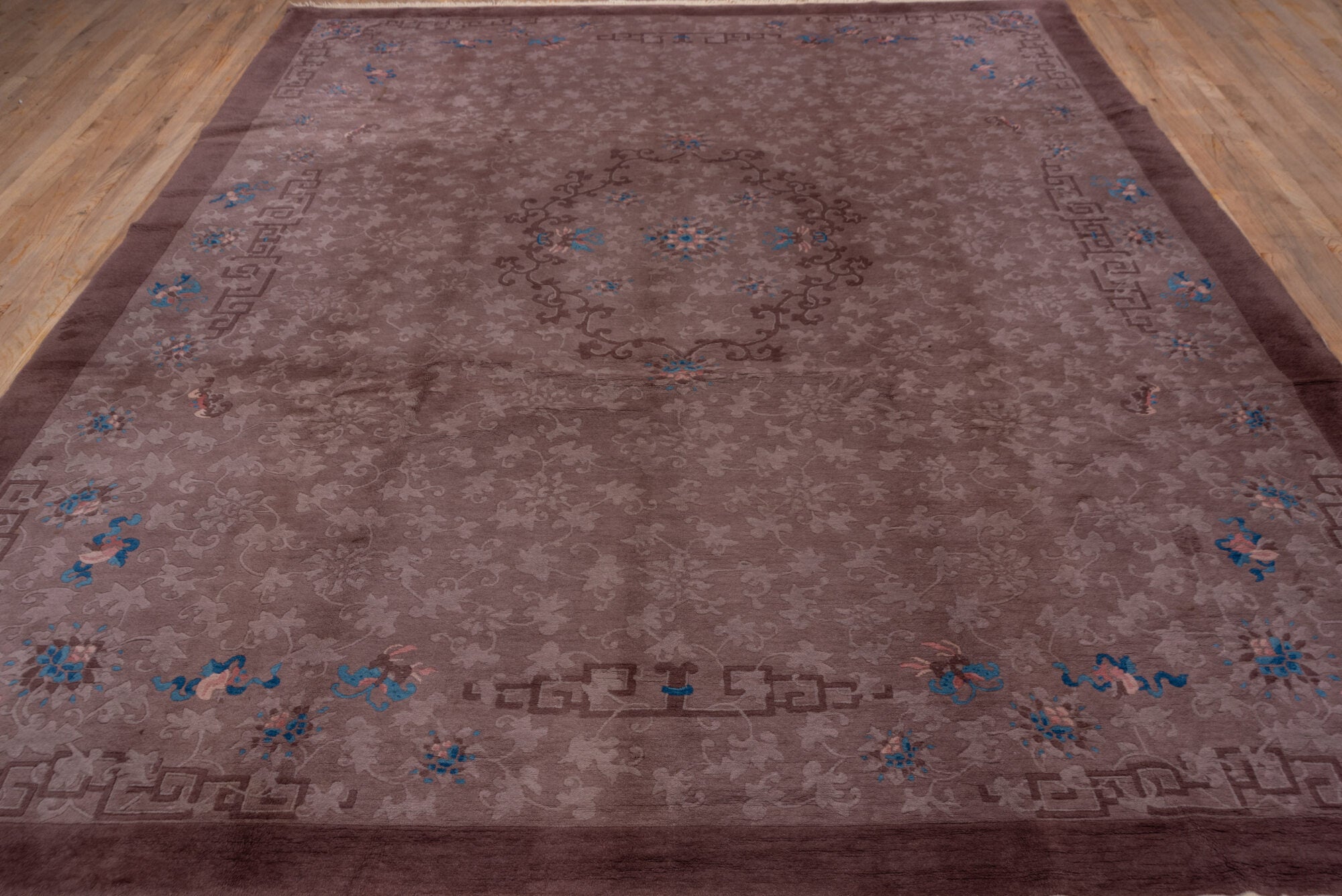 9' x 11' one-of-a-kind handmade vintage Chinese large size rug. Color palette: blue, brown, gray, pink