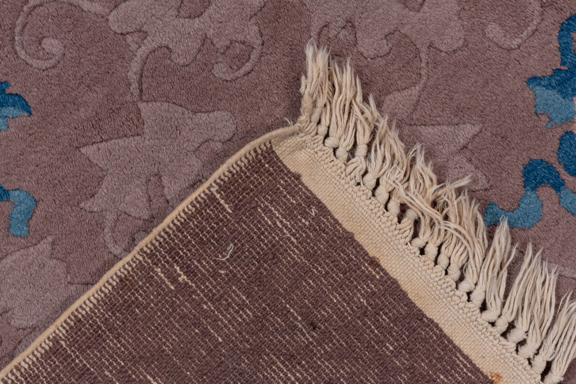 9' x 11' one-of-a-kind handmade vintage Chinese large size rug. Color palette: blue, brown, gray, pink