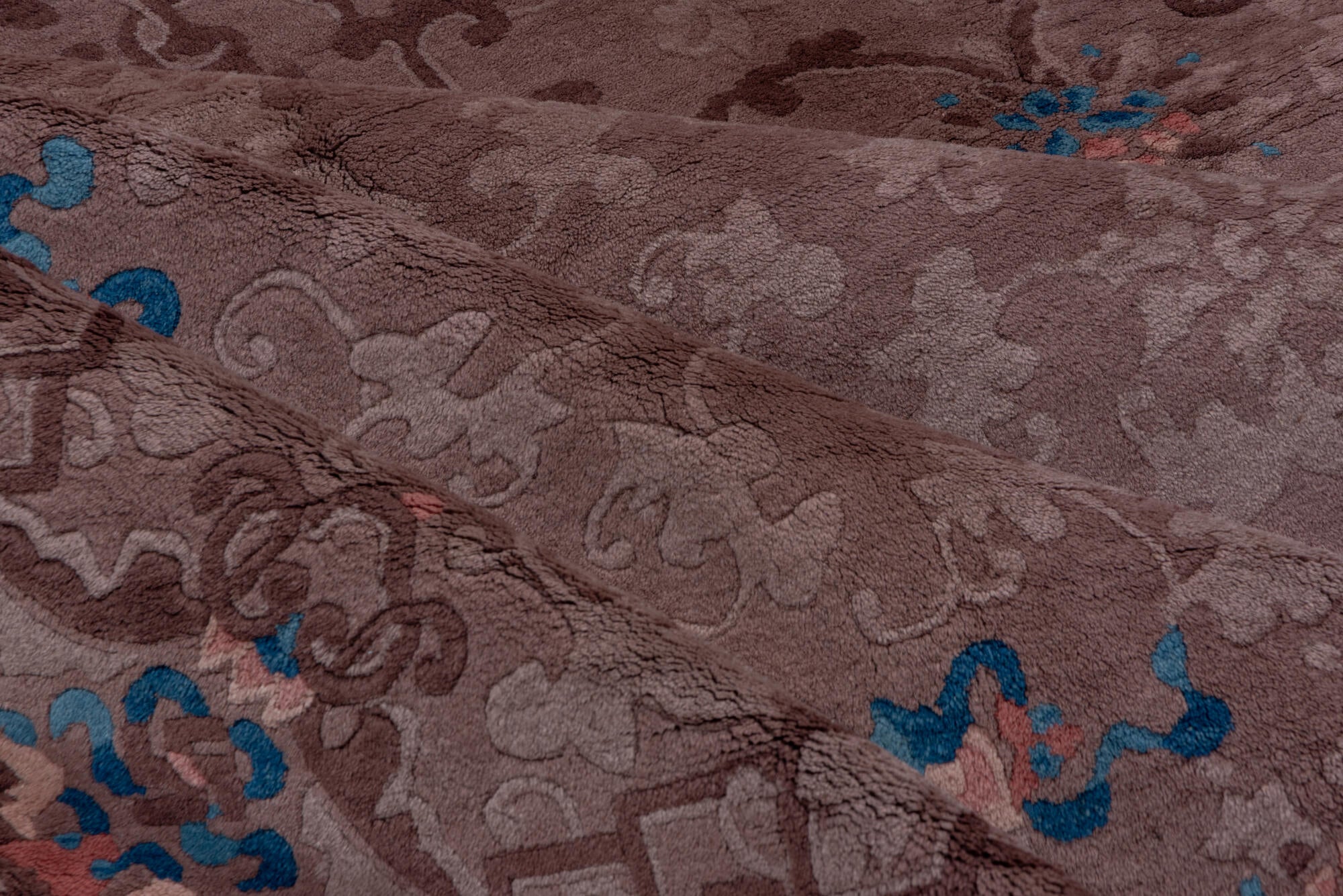 9' x 11' one-of-a-kind handmade vintage Chinese large size rug. Color palette: blue, brown, gray, pink